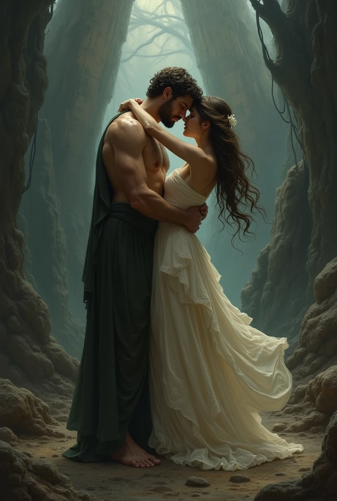hades, god and lord of the underworld, ruler of the dead. An evil figure, Grieving, lonely and beautiful. In love with Persephone, gets down on his knees as he crawls out of the underworld and meets his beloved Persephone, red-haired goddess, captivating, bright in a garden, the mother of spring. That awaits you with open arms. hades acredita que não merece, who is not worthy of this love but, Persephone still loves him gently, mesmo ele sendo god and lord of the underworld, he sees himself as small before her, and is at the mercy of her love. It needs to be a pencil drawing., with surreal and tragic traits, an art of romantic and melancholic tragedy. That frames the feeling of guilt well, for a tragic past and in search of love without believing that he deserves this love