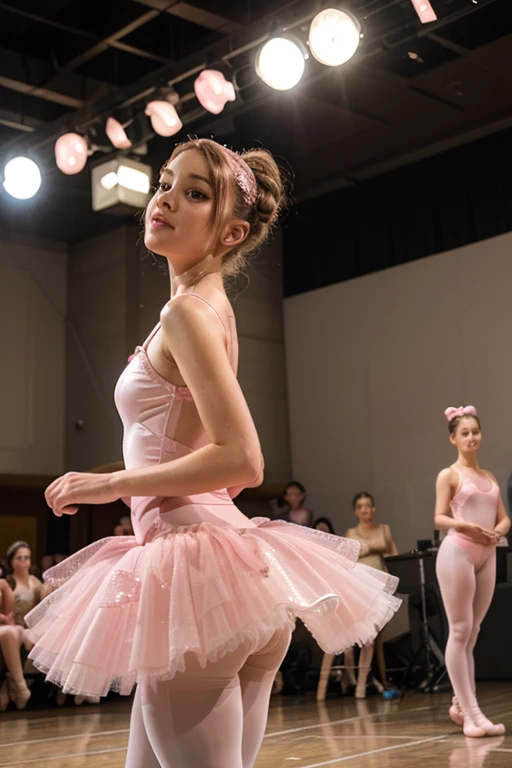 SFW, ExtremelyDetailed (((Kawaii Ballet Girls Group in a row:1.37))), Childish perfect face, Reflective Eyes, Detailed(Delicate Clothing textures), Dynamic Joyful Expressions LifeLike Rendering, (Specular Reflection:0.2), TopQuality 8K Ultra-detailed masterpiece (ProfessionalPhoto:1.37), (Acutance:0.8), (Luminism:1.28), (Light particles:0.75), (Muscle:-0.5), facing away (from side ) (Clearly visible Beautiful hip shape)