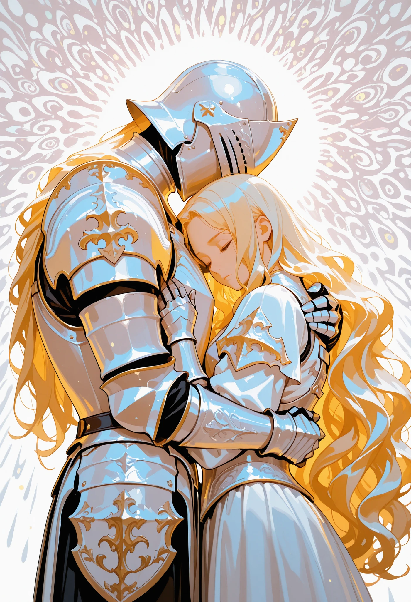 masterpiece, best quality, good quality, newest, highres, absurdres, 1girl, long hair, (blonde hair:1.2), 1boy, closed mouth, very long hair, closed eyes, White armor, hug, wavy hair, helmet, shoulder armor, gauntlets, pauldrons, breastplate, knight, full armor, covered face, helm, plate armor, mutual hug, bloom, limited palette, glowing, psychedelic, White Theme