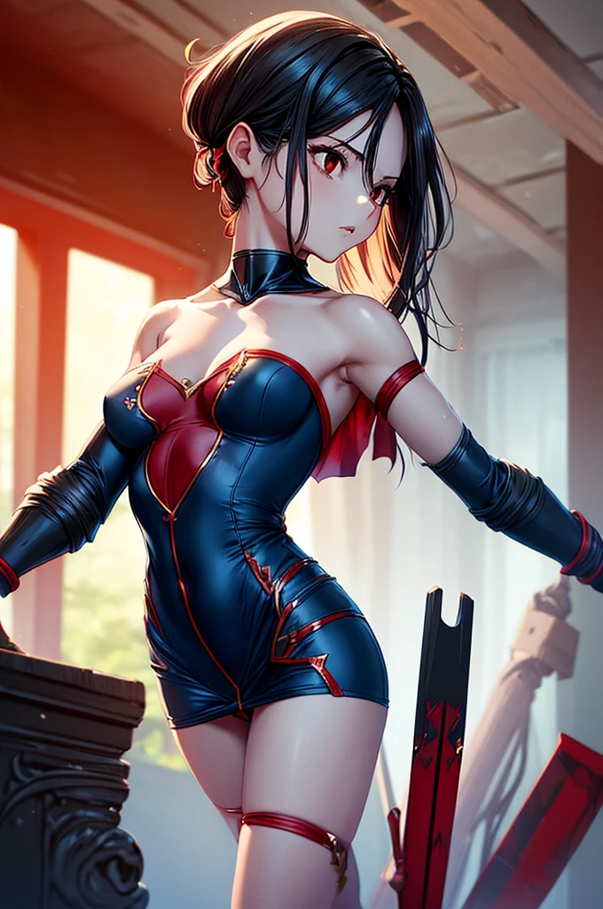 solo girl,Glossy metalic light silver tank top, tight latex shiny, Red interpolation color,Black hair bob,red eyes, camel toe, Samurai Sword,
Lift one leg, sexy lady,, naked girl,