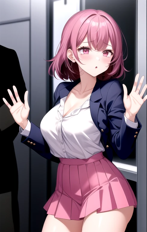 nsfw,officeの床に座っている女性, Beautiful woman squatting,28 years old, attractive office lady,(Angle from the front), office,Bob,Black jacket,White shirt,Cleavage,Leg spread,open leg sitting pose,M字Leg spreadポーズ,Job recruitment suit:1.5,Ecstasy,Close your eyes and open your mouth,Climax, Black lace panties,High heels,Sweaty, glistening skin,Slender figure,Small breasts,((Female masturbation:1.3)),Pink heart symbol flying