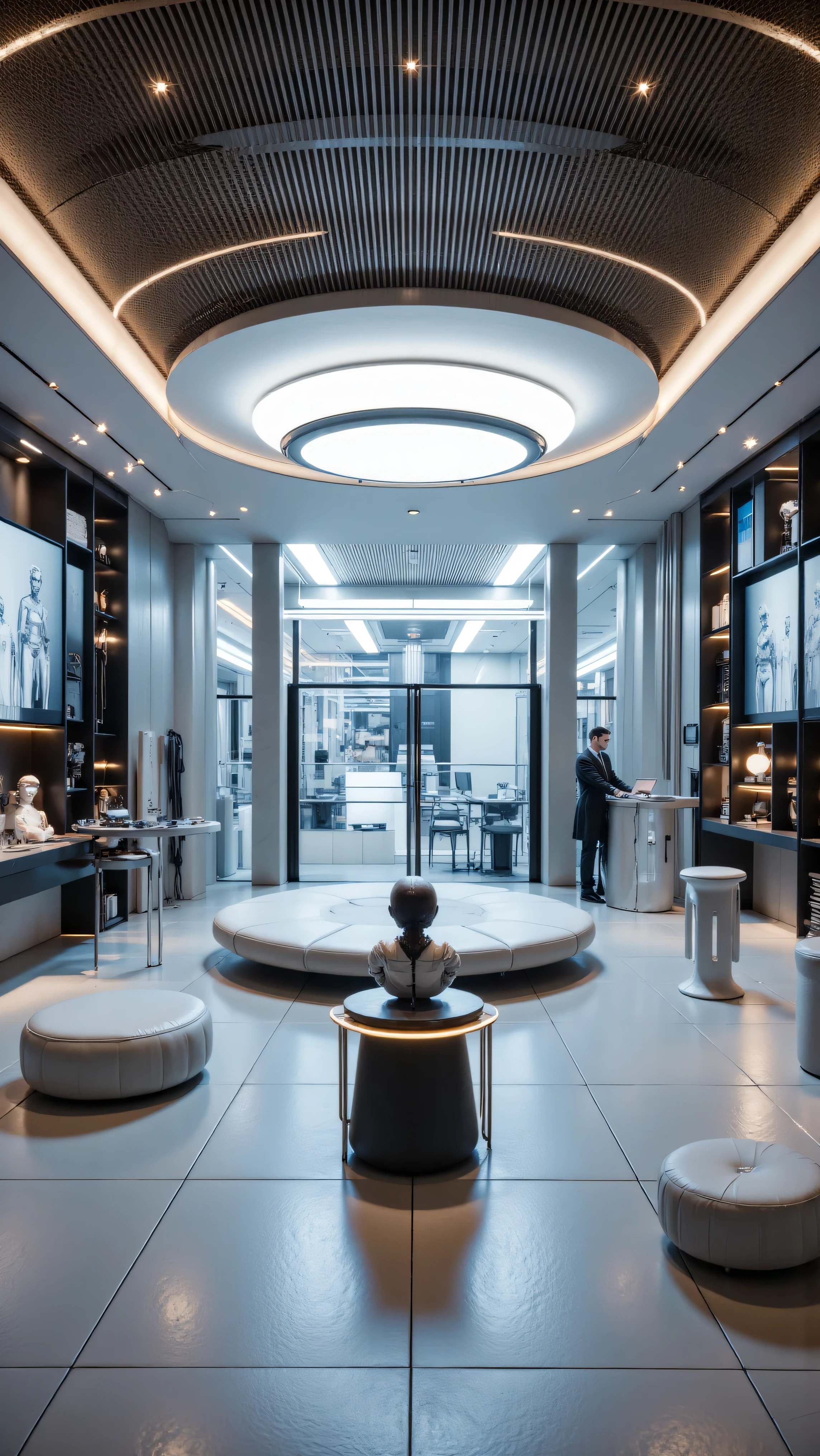4K,8K,Studio Quality,Inside robotic tech company, make the photo realistic, vibes color matched with atmosphere, Future Tech Vibes, Full Furniture.