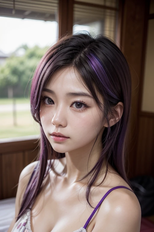 (High resolution:1.4),(Highest quality:1.4),(masterpiece:1.4),(Beautiful big boobs:1.1), (Beautiful woman:1.2),(Purple Hair:1.1),Bob Hair,Green Eyes,Moles around the mouth, (Sweat:1),(Excited:1.2), (Embarrassing:1.2),(Sexual Ecstasy Face:1.2),(Beautiful Face:1.2),(Perfect body:1.1)(Beautiful breasts:1.1),(Tank top:1),choker,On the bed, Seductive pose, wariza,Lace panties, I can see a little cleavage, Distinctive facial features