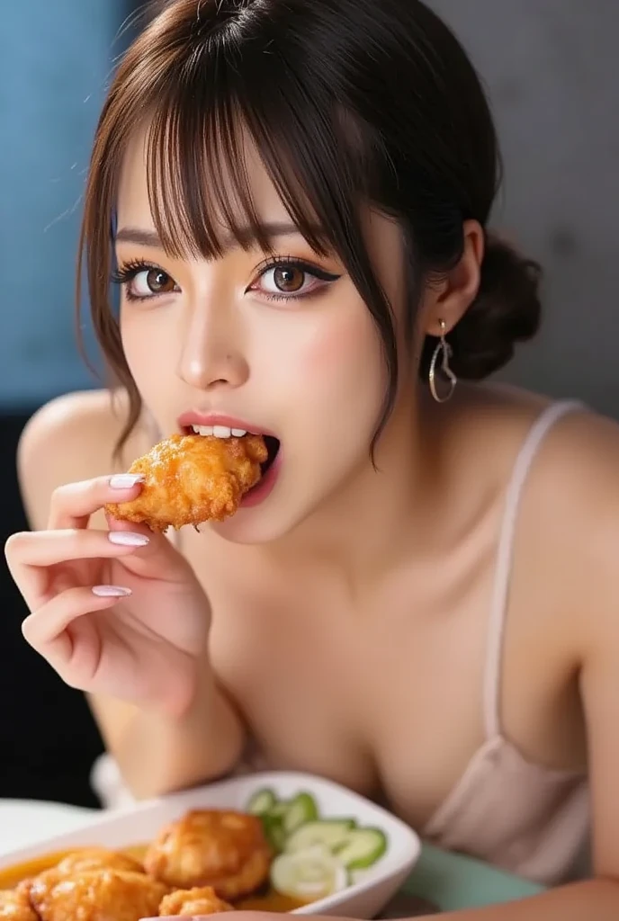 nsfw, 1girl in, (solo), photorealistic, hyperrealistic, masterpiece, best quality, 8K, hight resolution, extremely detailed girl, extremely detailed beautiful face, Beautiful skin, shiny skin, perfect anatomy, smile, looking at viewer, beautiful eyes, ideal ratio body proportions, side view, a girl in a bikini eating a piece of fried chicken over, all fours, fried chicken, holding fried chicken, eating, lips, black bra, black panties, short hair, brown hair, enako, red background,