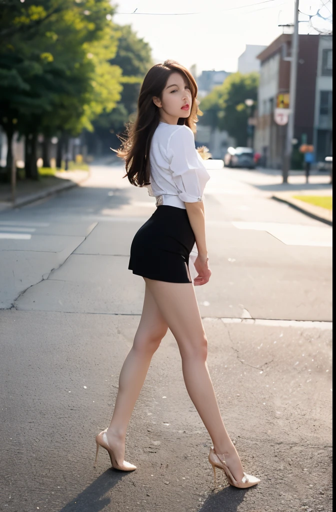 a 18 year old face of the most beautiful actress in the world, the perfect body proportions of a female, tight blazer is worn on blouse of female upper body, panties between bare legs are almost seen thanks to skirt is too short, the short hair cut of a female is just like male one, standing, at the city street, nsfw, best quality, highly detailed, masterpiece, ultra high res, photo realistic, 8k