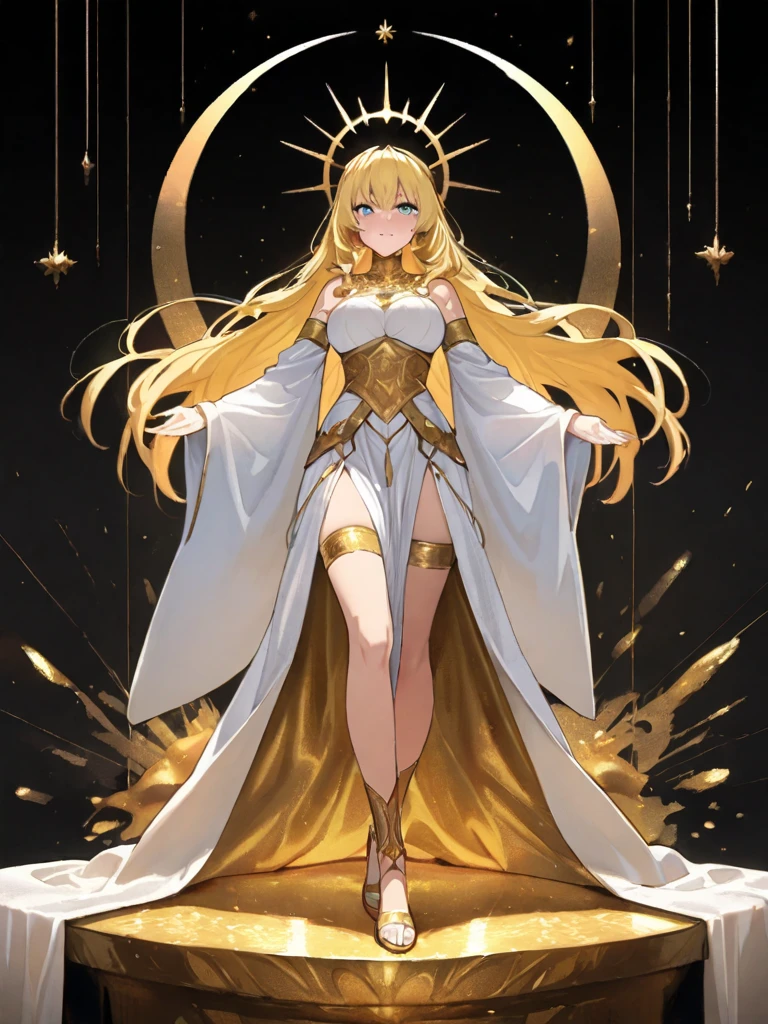 A woman in a white dress and a gold cloak is standing on stage - SeaArt AI