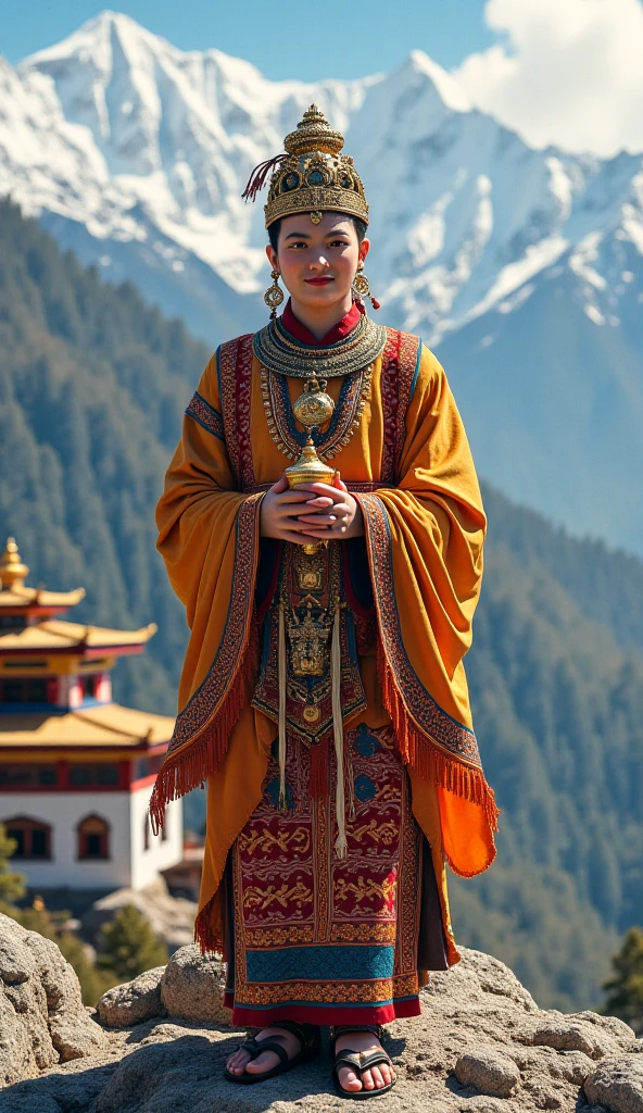 Create an image of tibat with its famous things and person in Tibet attire.