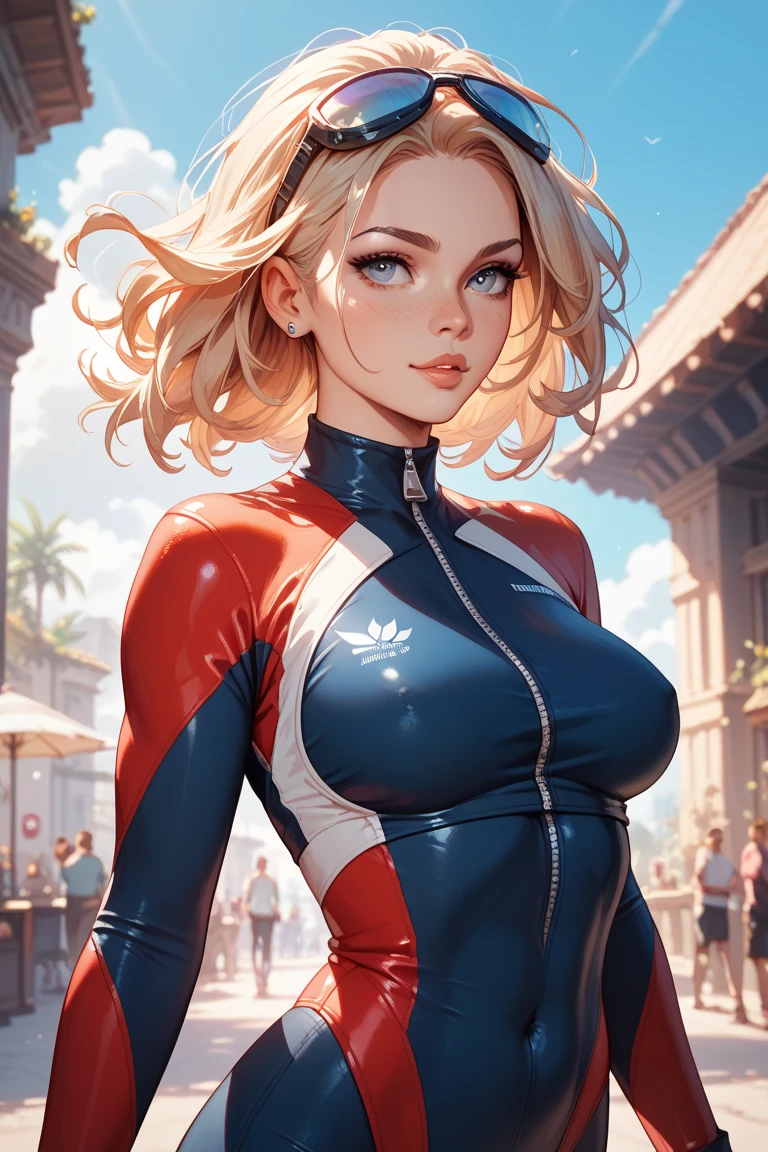 masterpiece,best quality,ultra-detailed,illustration,1girl,clover \(totally spies\),blonde hair,short hair,blue eyes,(grin:0.7),looking at viewer,standing,upper body,pov,<lora:brj-clover-v1:1>,outdoors,park,tree,cloud,pink bodysuit,cameltoe,covered nipples,covered navel,(flat chest),bunny pose,
