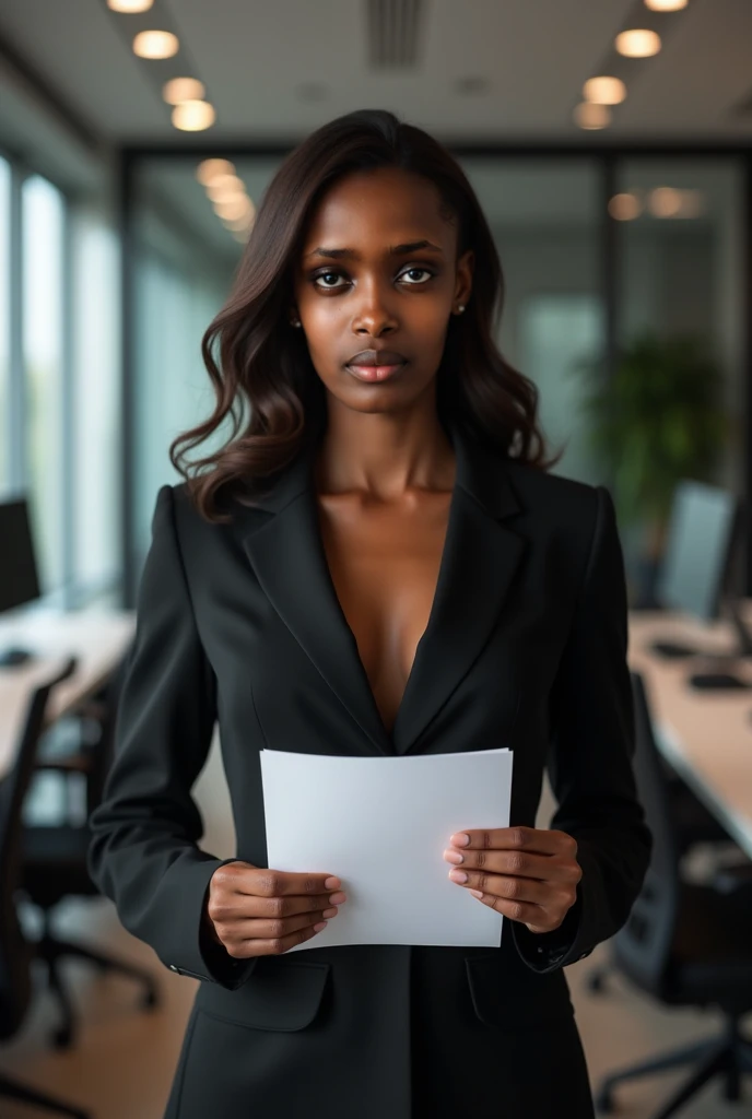 beutifull black woman standing looking at camera and tying her hair behind her head, at an office in style of the godfatter movies,