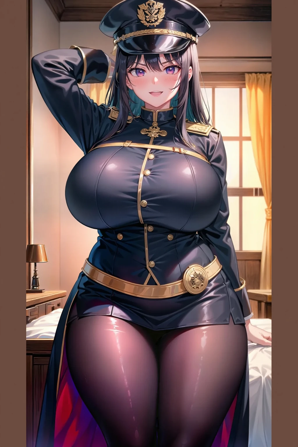 huge udder、thin-waist、long、Blue hair、Yellow eyes、Cool、deadpan、tall、Military uniform、Hats、His arms folded、Contemptuous look、decoration、Pants、rigor