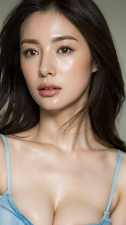 High resolution, high resolution, High detail, masterpiece, Rough skin, Anatomically correct, sharp, Gray background((Japanese , 28 years old)), alone, ((Close your eyes and open your mouth))、(Strong orgasmal wrinkles, Shapely large breasts, Stright brown hair that reaches the shoulders, Slim figure (((Stand upright, Facing the center of the screen.))), Close your mouth and look ahead with a serious face, ((Cowboy Shot)),((Please make your nipples visible))、( orgasm))Brow wrinkles、toplSweaty skin,Breasts glistening with sweat))Hr fingers,Hide your fingers from the screen、front、White panties、barefoot、Full body angle