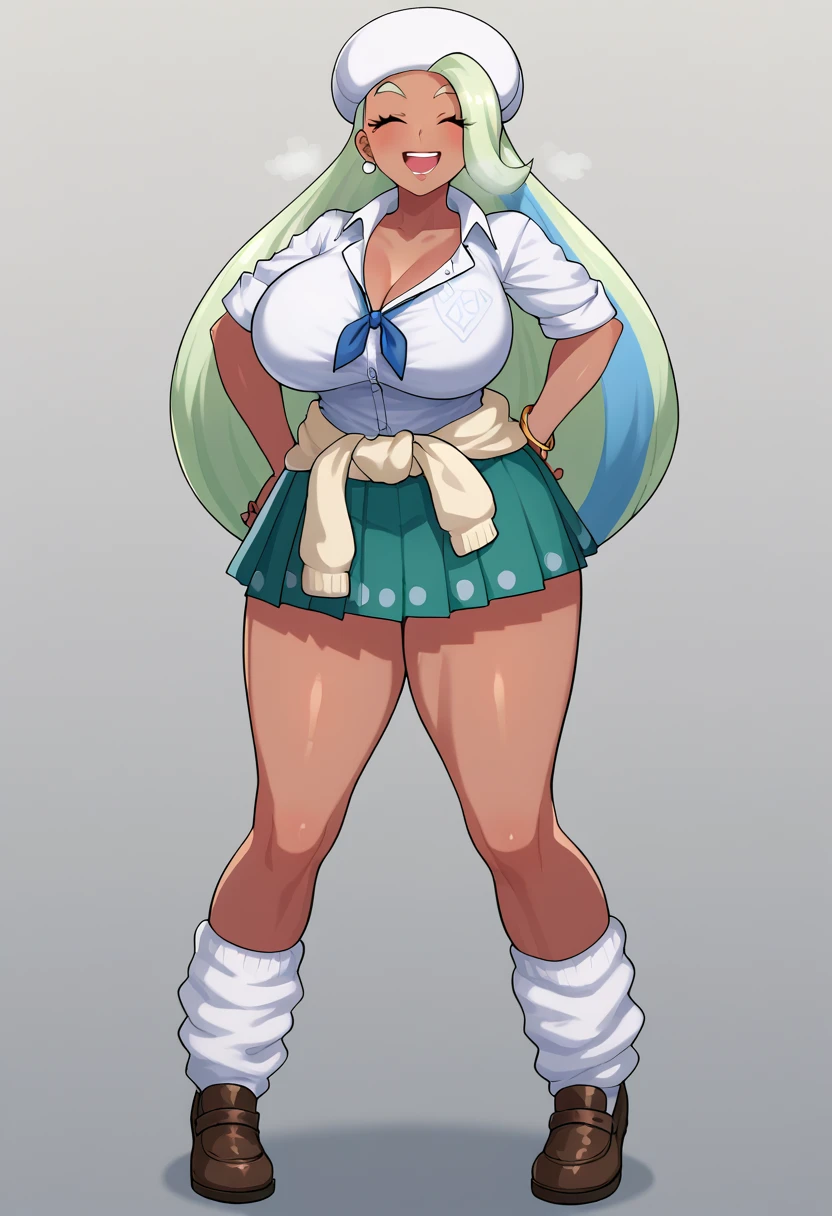 a tall girl, big breast, beautiful beauty, beautiful, cute, loving, long white hair, her blue-yellow eye, she wears a pink button-down blouse, short sleeves, shows her navel and a short dark blue skirt, a brown belt, a long black heel.
