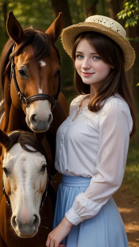 Russian style, children girl, portrait, long red hair with hat, farmer style, with hay and wheat rolls and horse.