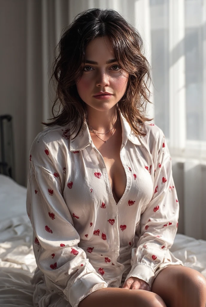 (masterpiece, photorealistic:1.4, extremely intricate:1.3), (photon mapping, radiosity, physically based rendering, ultra resolution, hyper-realistic, photorealistic:1.4, hyper-realistic, 8K), ((((solo, 1girl) female, (mysterious smirk, bright lipstick)), makeup:1.2)), dark room, dark background, black background, solo, BREAK; BREAK ((((curly glossblack hair, [green eyes:blue eyes:0.8])))), (freckles: 0.6), ((body tattoo: 0.9)), ((fujicolor)), (((([large breasts:medium breasts:0.1], (bedroom, (loose yellow pajama shirt)), ((facedown on bed, closeup, decolletage))), dark bedsheet, bokeh, sharp focus)))
