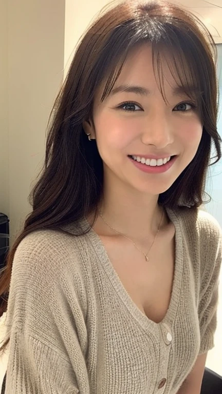 ((highest quality, 8k, Tabletop :1.3)), Sharp focus :1.2, Beautiful mature woman, 45age, Mature Woman, ((Loose knit shirt)), Down blouse, ((Leaning forward)), (Huge breasts), (smile:1.15), Highly detailed face and skin texture, Fine grain, (Round face:1.4), Japanese、Photographing the whole body from a distance 2.0