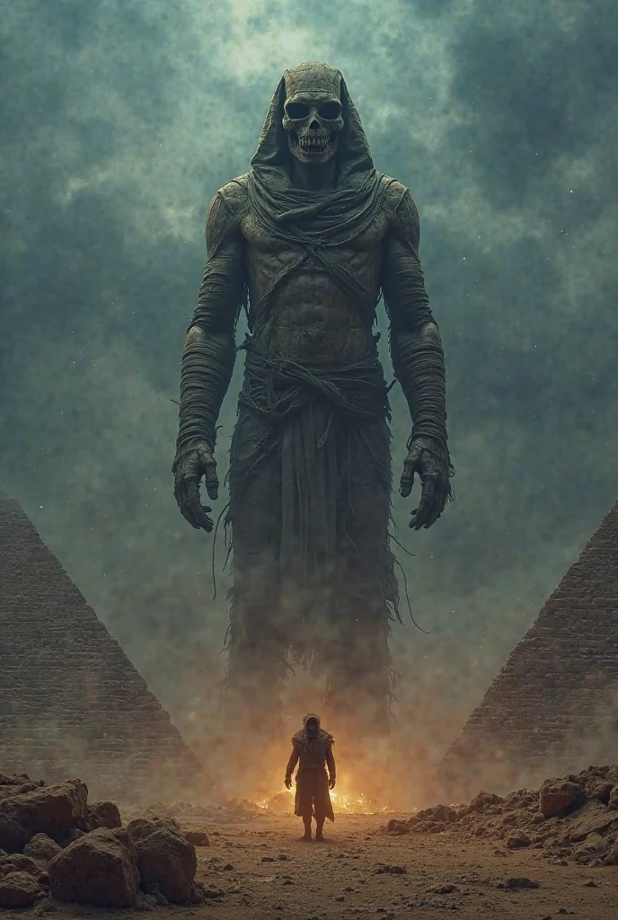 ### **Promo Brief for a Movie Poster Featuring Pyramids and an Eerie Pharaoh ?????**

---

#### **1. Visual Narrative (Sensory Description)**:
- **Primary Focus**: The poster should prominently feature an enormous, towering ????? as the central figure, dominating the composition. The ?????’s colossal size will evoke a sense of overwhelming dread and power, making it clear that this ancient force is the primary antagonist.
- **Pyramids**: The pyramids must be depicted on a monumental scale, almost as large as the ????? itself, to emphasize their historical grandeur and reinforce the film's Egyptian setting. They should loom in the background, partially illuminated by faint light, creating a dramatic interplay between the natural and supernatural.
- **Atmosphere**: The overall mood should evoke a chilling blend of ancient horror and suspense. Elements like swirling sandstorms or dense fog can envelop the scene, adding a layer of mystery and foreboding. The environment should feel alive with tension, drawing viewers into a world where the past has come back to haunt the present.

---

#### **2. Color Palette**:
- **Dominant Colors**:
  - **Dark Red/Brown**: Used extensively for the ?????’s skin and details to convey decay, danger, and ancient malevolence. These colors should appear weathered and cracked, suggesting centuries of entombment.
  - **Dark Blue/Grey**: Employ these tones for the sky and ground to create a cold, ominous tone. The blue-grey hue of the stormy sky will mirror the desolation below, while the dusty grey of the desert adds texture and depth.
  - **Gold/Yellow**: Subtle accents of gold or yellow can highlight reflective surfaces on the pyramids or glowing hieroglyphics, adding a mystical and cinematic touch.
  - **White/Ivory**: Use white sparingly for text or bright highlights to create sharp contrast and draw attention to key elements.

---

#### **3. Lens Selection**:
- **Macro Lens**: Use a macro lens to capture intricate details of the ?????, such as its cracked skin, hollow eyes, and tattered wrappings. This will amplify the sense of dread and realism.
- **Wide-Angle Lens**: A wide-angle lens is essential for showcasing both the ????? and the pyramids in all their massive glory. This lens will emphasize scale and perspective, making the viewer feel small and insignificant in comparison.
- **Telephoto Lens**: A telephoto lens can be employed to zoom in on specific features of the ????? or pyramids, creating dramatic close-ups that build tension and heighten the impact of the imagery.

---

#### **4. Camera Work**:
- **Angles**:
  - **Low Angle Shot**: Capture the ????? from a low angle to make it appear even more imposing and terrifying. Its sheer size should dominate the frame, creating a sense of awe and fear.
  - **High Angle Shot**: Use a high-angle shot for the pyramids to emphasize their vastness and historical significance. This angle will also help balance the ?????’s dominance by giving equal weight to the architectural marvels.
- **Depth of Field**:
  - Apply a shallow depth of field to focus attention on the ????? or key elements, leaving the background slightly blurred to create a sense of distance and isolation.
  - In some areas, use a deeper depth of field to highlight the vastness of the pyramids, ensuring they remain visually striking despite the ?????’s prominence.
- **Camera Movement**:
  - Keep the camera mostly static to maintain a tense and unsettling atmosphere.
  - Introduce subtle movements, such as slow pans or gentle tilts, to guide the viewer’s eye across the poster and reveal details gradually.
  - Consider using a dolly shot to transition smoothly from the pyramids to the ?????, connecting the two elements seamlessly.

---

#### **5. Lighting**:
- **General Lighting**:
  - Use dim, low-key lighting to establish a dark, eerie ambiance. The lighting should feel minimalistic, almost as though it’s coming from a single source like moonlight or flickering torches.
  - Avoid harsh lighting; instead, opt for soft, diffused light to cast deep shadows and enhance the chilling effect.
- **Shadows and Highlights**:
  - Shadows should be prominent and detailed, especially around the ?????’s face and body, to accentuate its skeletal structure and decay.
  - Highlights can be used sparingly on reflective surfaces (e.g., the ?????’s teeth, golden accents on the pyramids) to create moments of startling brightness.
- **Psychological Impact**:
  - The interplay between light and shadow should evoke feelings of unease and uncertainty. Occasional flashes of light or faint glows can add to the suspenseful atmosphere.

---

#### **6. Contrast**:
- **Color Contrast**:
  - Create stark contrasts between warm tones (dark reds, browns) and cool tones (blues, greys) to heighten the visual drama and tension.
  - Use contrasts between dark and light areas to draw the viewer’s eye to critical elements, such as the ?????’s eyes or the sharp edges of the pyramids.
- **Light vs. Shadow**:
  - Strong contrasts between light and shadow are essential to give the image depth and dimension. Shadows should dominate, with light serving as a haunting focal point.

---

#### **7. Additional Elements**:
- **Typography**:
  - Use bold, serif fonts for the title to evoke a sense of antiquity and gravitas. The title should be placed prominently at the top or bottom of the poster, ensuring it stands out against the dark background.
  - Incorporate quotes or taglines in a clean, modern font to provide context and intrigue without detracting from the visuals.
- **Composition**:
  - Place the ????? centrally or slightly off-center to balance its dominance with the expansive pyramids.
  - Ensure there is negative space around key elements to avoid overcrowding and allow the imagery to breathe.
- **Symbolism**:
  - Include subtle symbols like hieroglyphics, sarcophagi, or ancient artifacts to reinforce the Egyptian theme and deepen the narrative.

---

#### **8. Title Placement**:
- **Title**: **"The Return of the ?????"**
  - The title should be written in a cinematic style, using bold, uppercase letters with a weathered, ancient font to reflect the film’s themes of resurrection and terror.
  - Position the title either at the top of the poster (above the ?????) or along the bottom (below the pyramids), depending on which element you want to emphasize more.
  - Add a subtle glow or embossed effect to the text to make it stand out against the dark background, but ensure it doesn’t overpower the visual elements.

---

### **Final Notes**:
The poster should aim to captivate viewers with its chilling aesthetic and immersive design. By combining a dark color palette, meticulous lighting, and dramatic composition, the poster will effectively communicate the film’s themes of ancient horror and suspense. The goal is to leave viewers intrigued and slightly unsettled, eager to explore the story further.