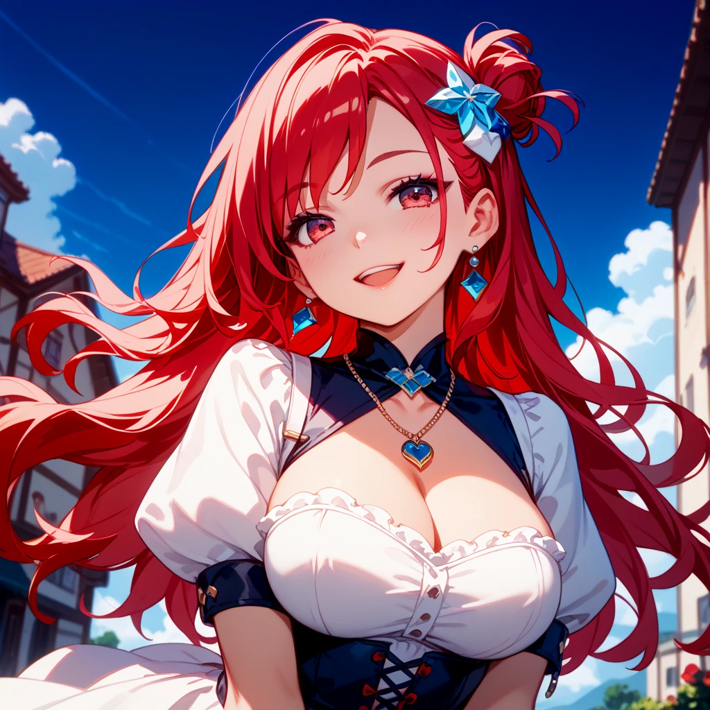smile,Red hair,blue eyes,Big hips,big breasts, Sun,neckline,barrette,skirt,blush