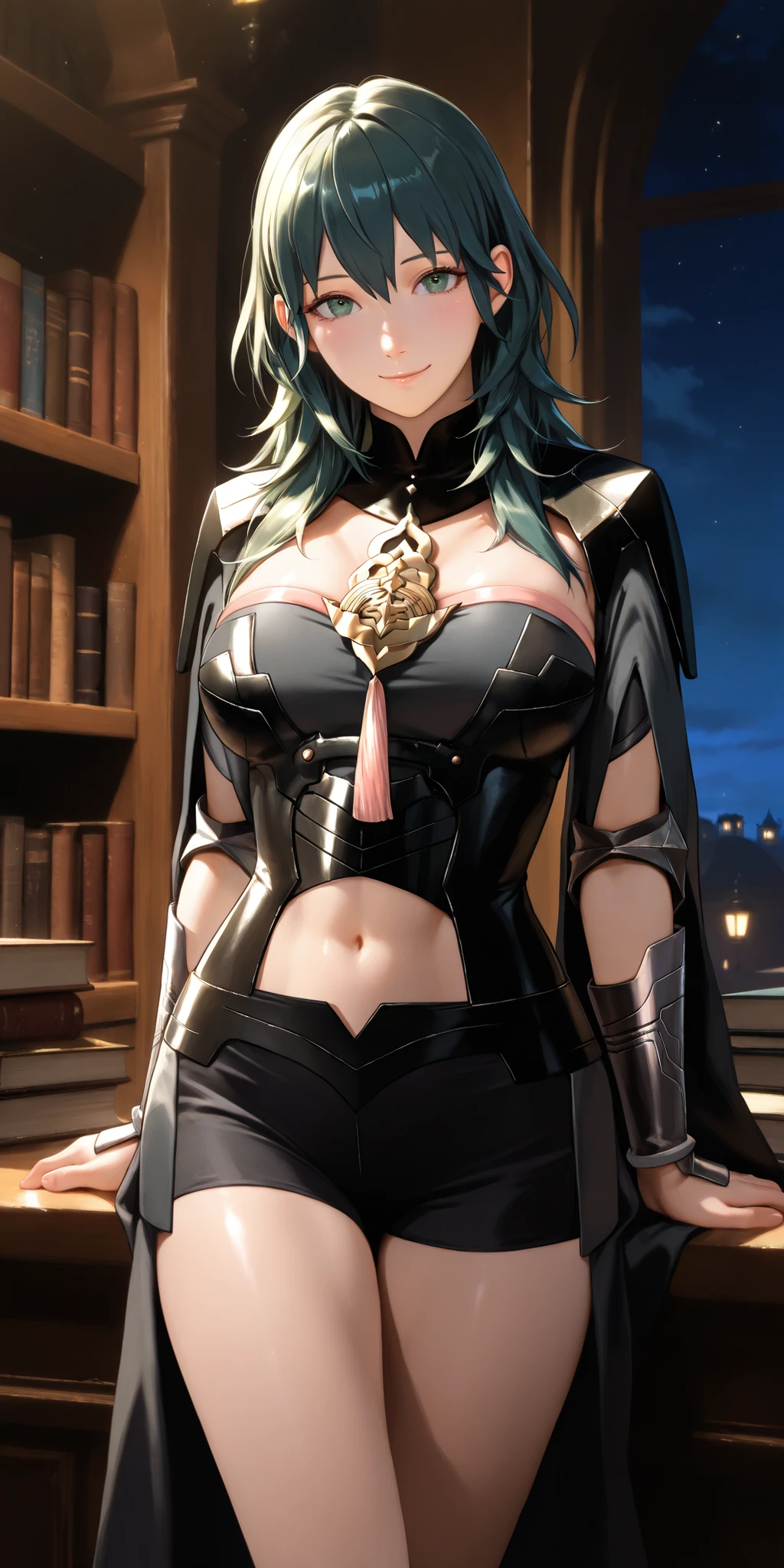 Masterpiece, newest, vibrant, very aesthetic, high contrast, mature woman, semrealistic, cowboy shot, 1 girl - Female Byleth from Fire Emblem, long hair, bangs, dark green hair, dark green eyes, hair down, slight bangs, same outfit as the game, slight cleavage, long smooth legs, library, night sky, night time, looking at viewer, gentle smile, masterpiece, best quality, very aesthetic, absurdres, masterpiece, exquisite quality, highest quality, masterpiece, highest quality, (alone), Textured skin, absurdes, High resolution, best quality, highres, absurdres, slim figure, flat stomach, toned body,  waist, nice 