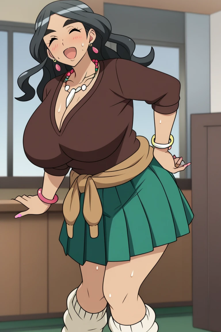 A beautiful anime-style girl, Yaoyorozu, with big eyes, long eyelashes, and a gorgeous face, wearing a sexy, revealing outfit that shows off her big round breasts and thighs, sitting at a bar in an anime-inspired cell shading art style, masterpiece, best quality, 8k, high resolution, ultra-detailed, realistic, photorealistic , blush , legs spread , pussy 