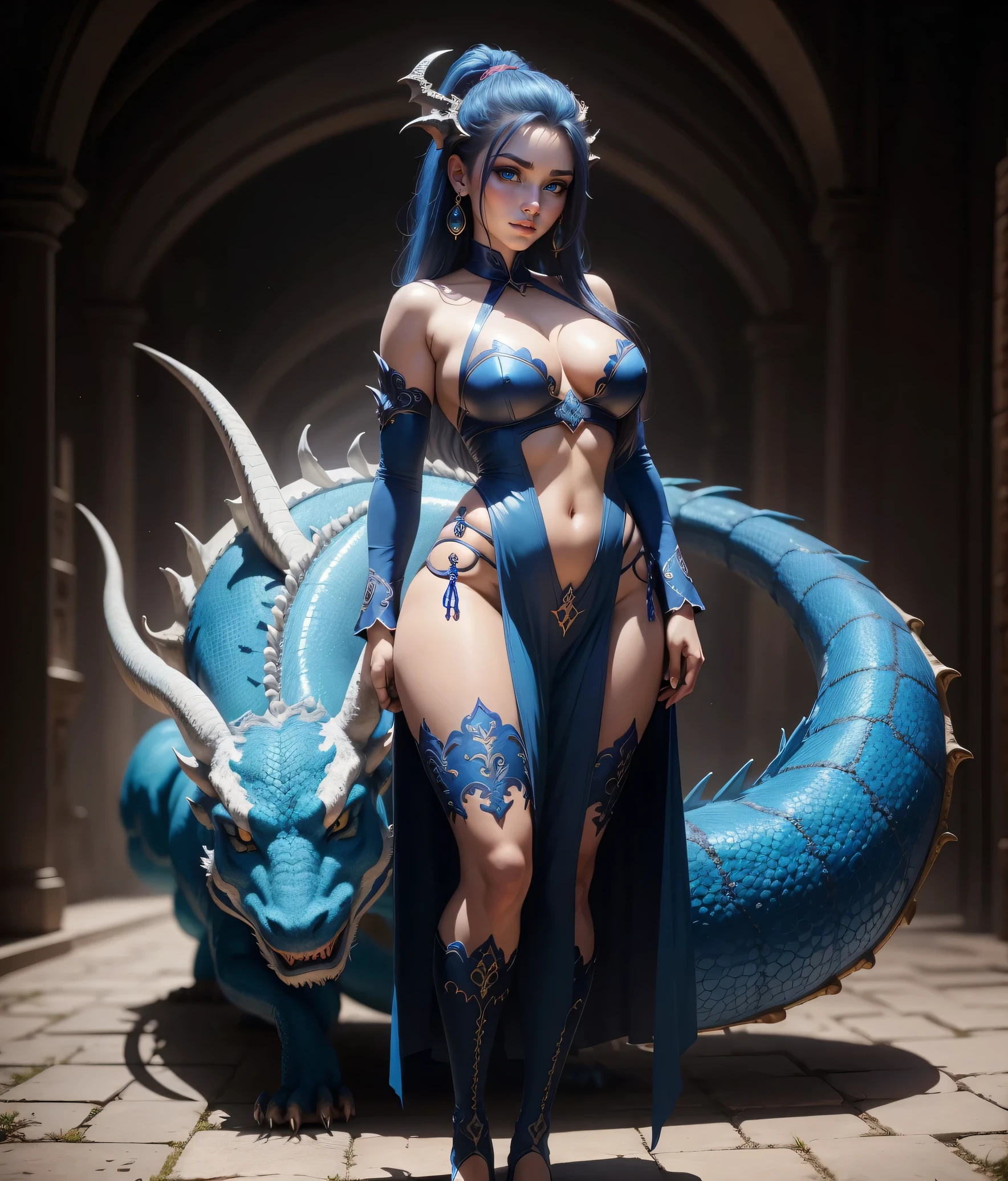 blue hair beautiful blue dragon girl with sky blue eyes, busty chest, full body, young adult female, standing pose, wizard, fantasy, sexy witch clothes, stockings, dragon tail