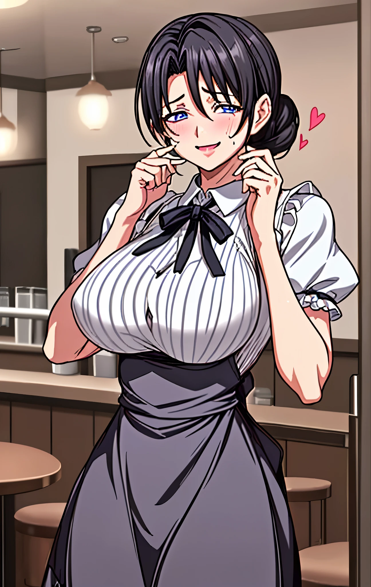 ４０age、mature woman、black hair、Hair tied up、Blue Eyes、My face is sweaty 、Embarrassing Smile、maid wearing a heart sign、short skirt、 have big bust 、cowboy shots、Image viewed from the bottom of the front、、Cafe interior background 、Carrying coffee、