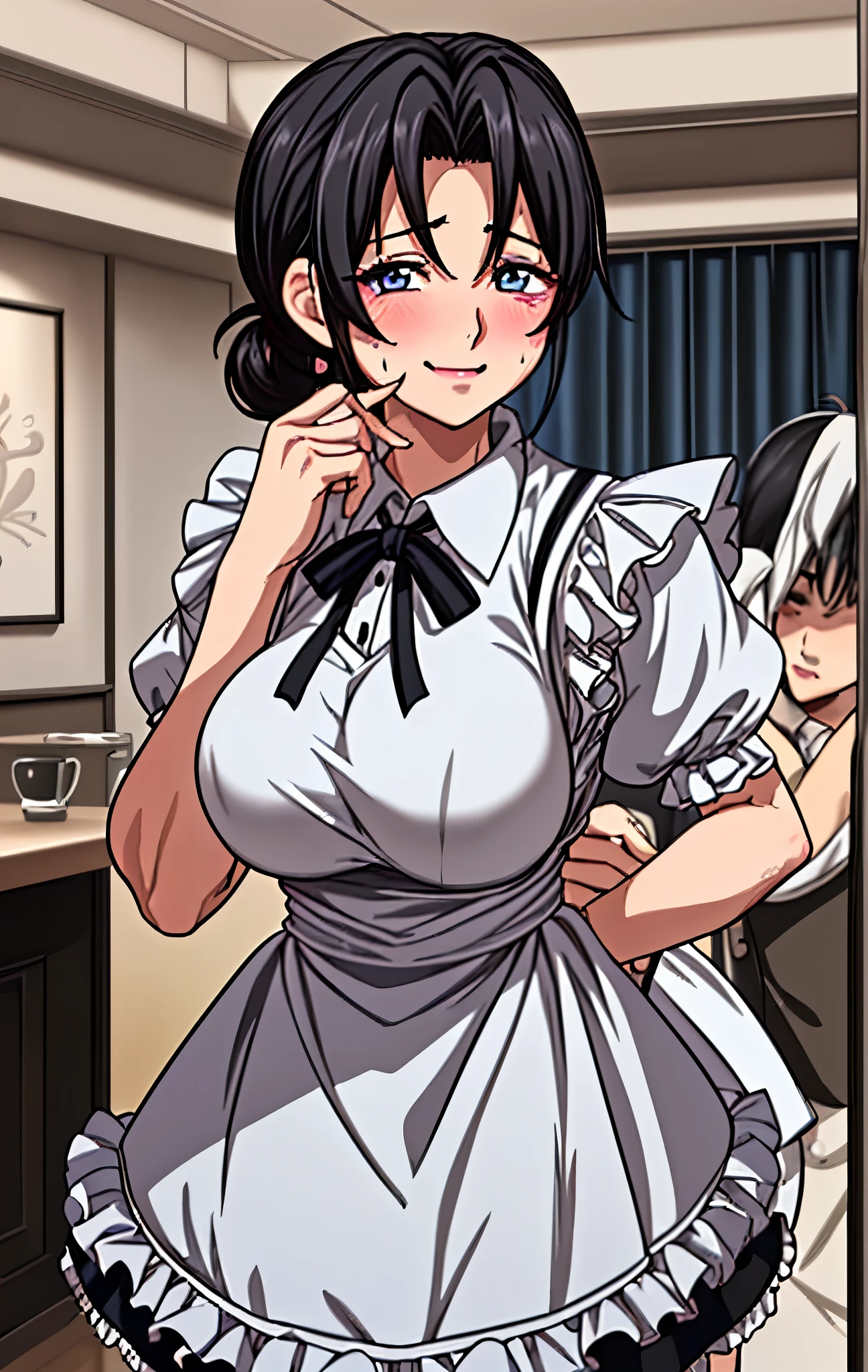 ４０age、mature woman、black hair、Hair tied up、Blue Eyes、My face is sweaty 、Embarrassing Smile、maid wearing a heart sign、short skirt、 have big bust 、cowboy shots、Image viewed from the bottom of the front、、Cafe interior background 、Carrying coffee、