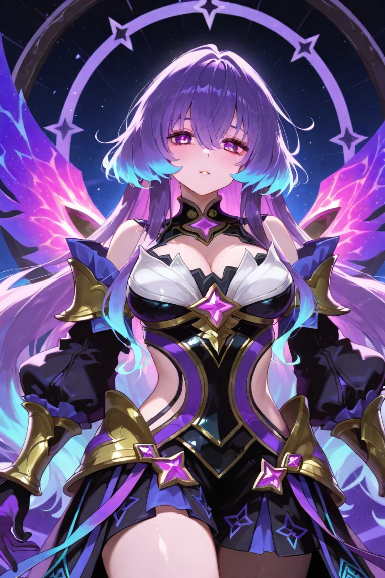Tang Wutong, long hairs, small breast,mature, wearing latex black and purple star cyberpunk  armour suit and jewelry, colorful butterfly wings, best quality