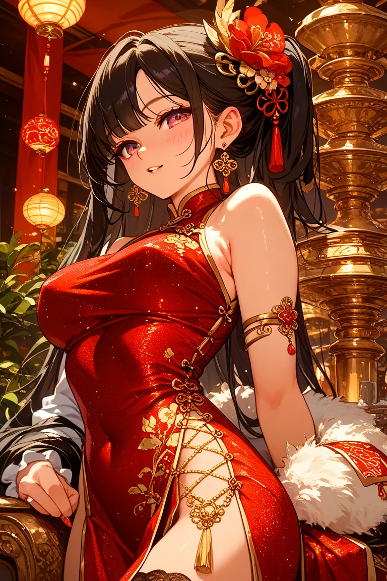 high resolution, adult woman , good lighting, despicable, , (no nudity), (((chinese dress ))), (()), ((())), (garter belt), (), , cute face, yo'I'm embarrassed and blushed, humiliating, ((Turn around and look back)), ((transparentes))()(T-back)(a large amount is in the body,),show your ass to espector, Stand back, sexy pose