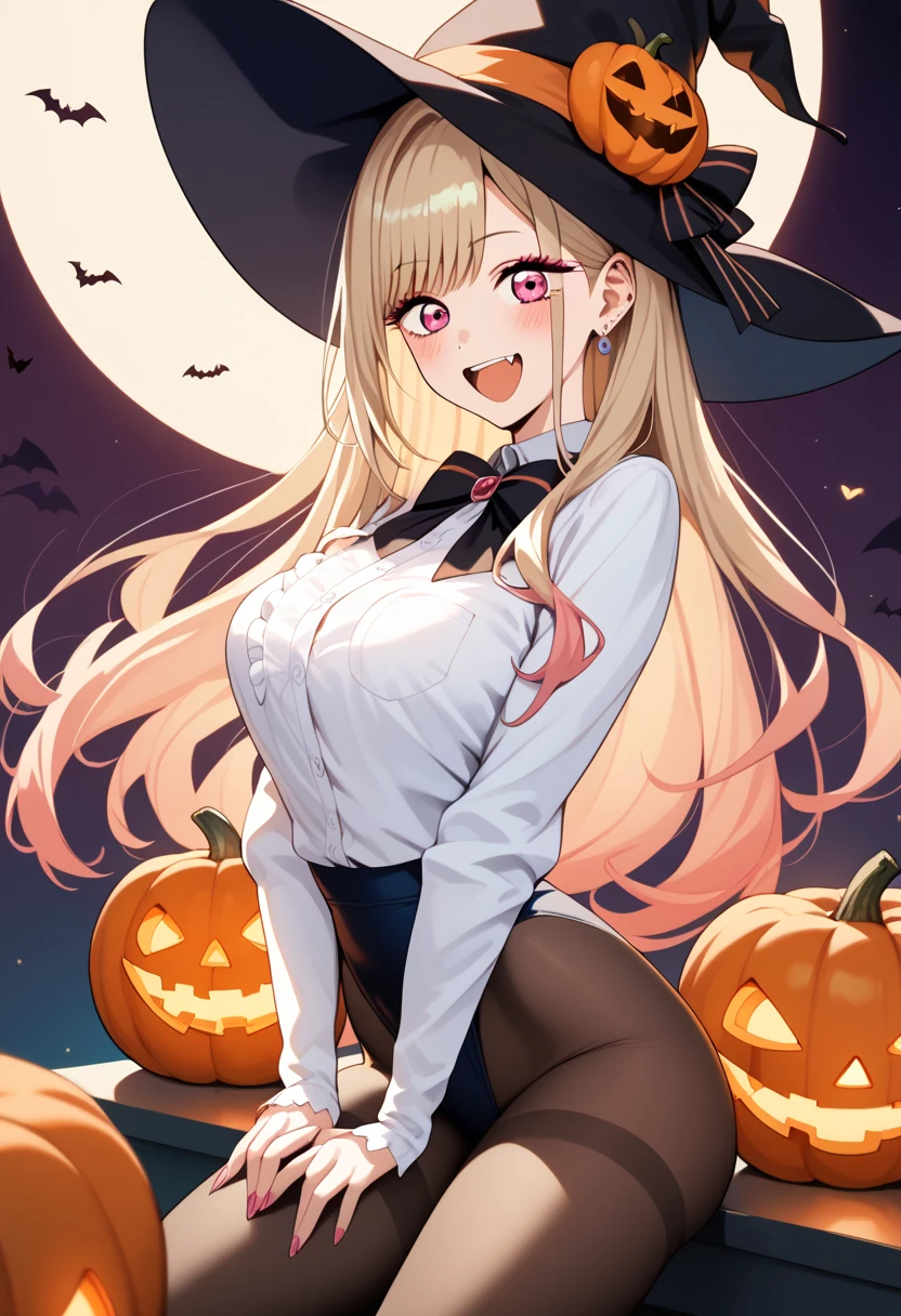 NSFW,1 girl,Rikajo、Long Hair、Blonde Hair、Green Eyes、Small breasts、tooth,Halloween,(Perfect hands),(Perfect Anatomy),(masterpiece),(highest quality),Embarrassed,blush,One man,Standing man,