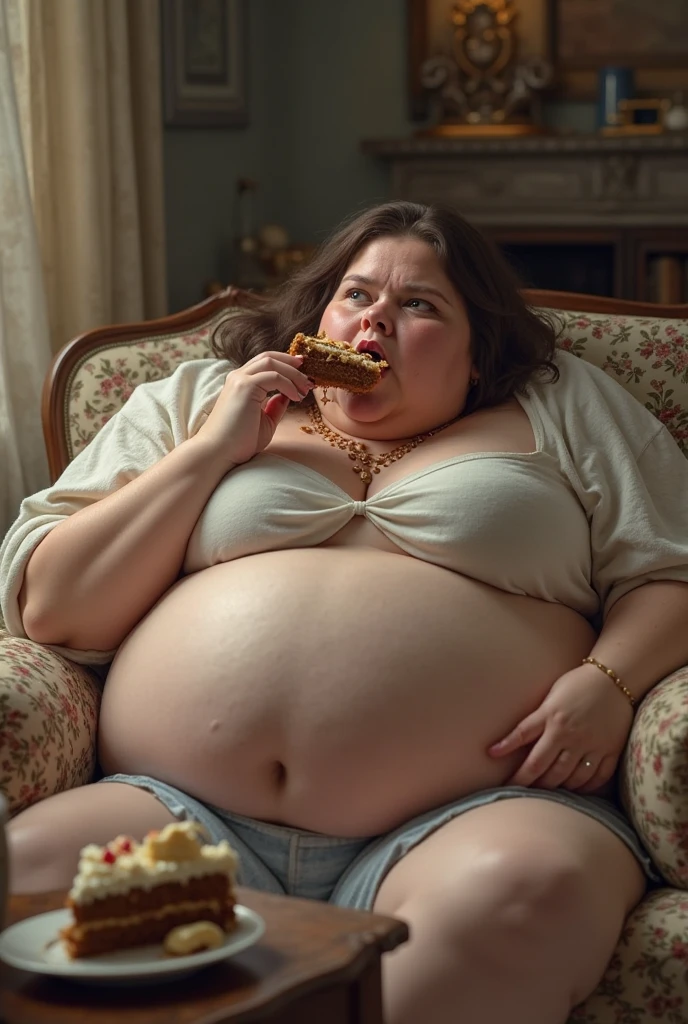 A plus size model woman is obese and overweight, weighing 150kg, with a lot of belly fat, she gained weight by eating too much, an obese plus size model with a very large belly, her belly is bulging and covered with a lot of fat, she has a saggy belly and a tattoo around her navel, she is eating buffet in a luxury hotel, 4K quality, low angle