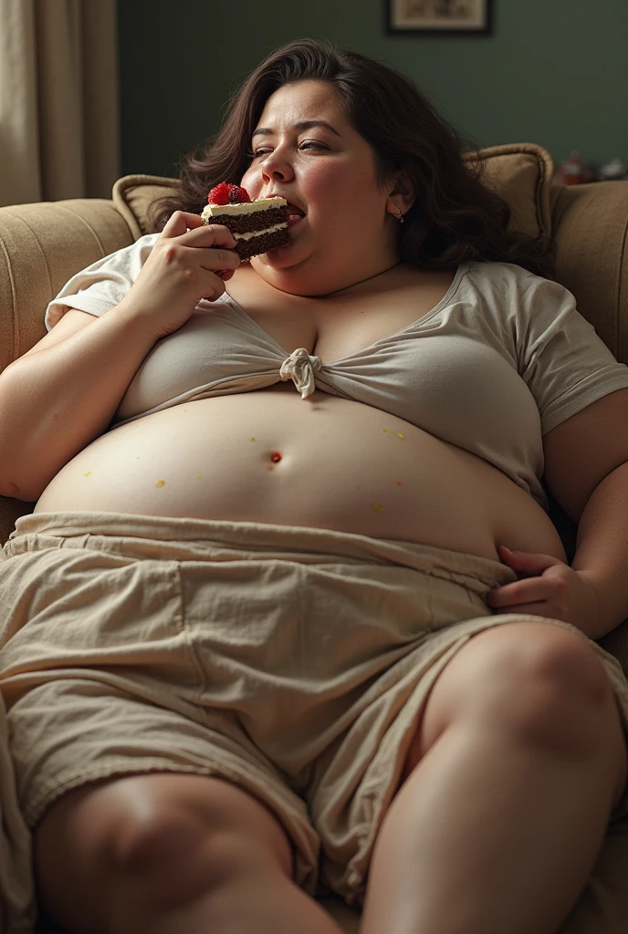 Highest quality, solo, Obese woman, overweight, really fat, round gorgeous face, messy bun hair with bangs, tight t-shirt, yoga pants, sitting on a couch, belly hang, huge swollen belly,