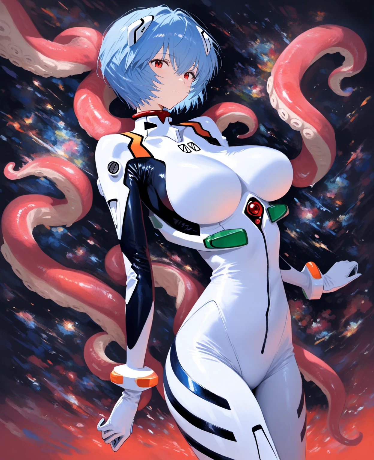 ((Highest quality, 8k wallpaper)),(masterpiece, Highest quality),Very detailed,High resolution,(Official Art:1.3),(((Anime screenshots,Black outline))),One girl,alone, Break mer1,(Rei Ayanami {neon genesis evangelion,}1.2),masterpiece, best quality, outdoor, 1girl, Solo,red eyes,short hair,blue hair, (White plug suit, skintight:1.4), (Covered in sweat, Mass sweat, Sweating profusely:1.5) , (wading, holding own arm:1.4),(tentacle clothes, tentacle in clothes:1.8)