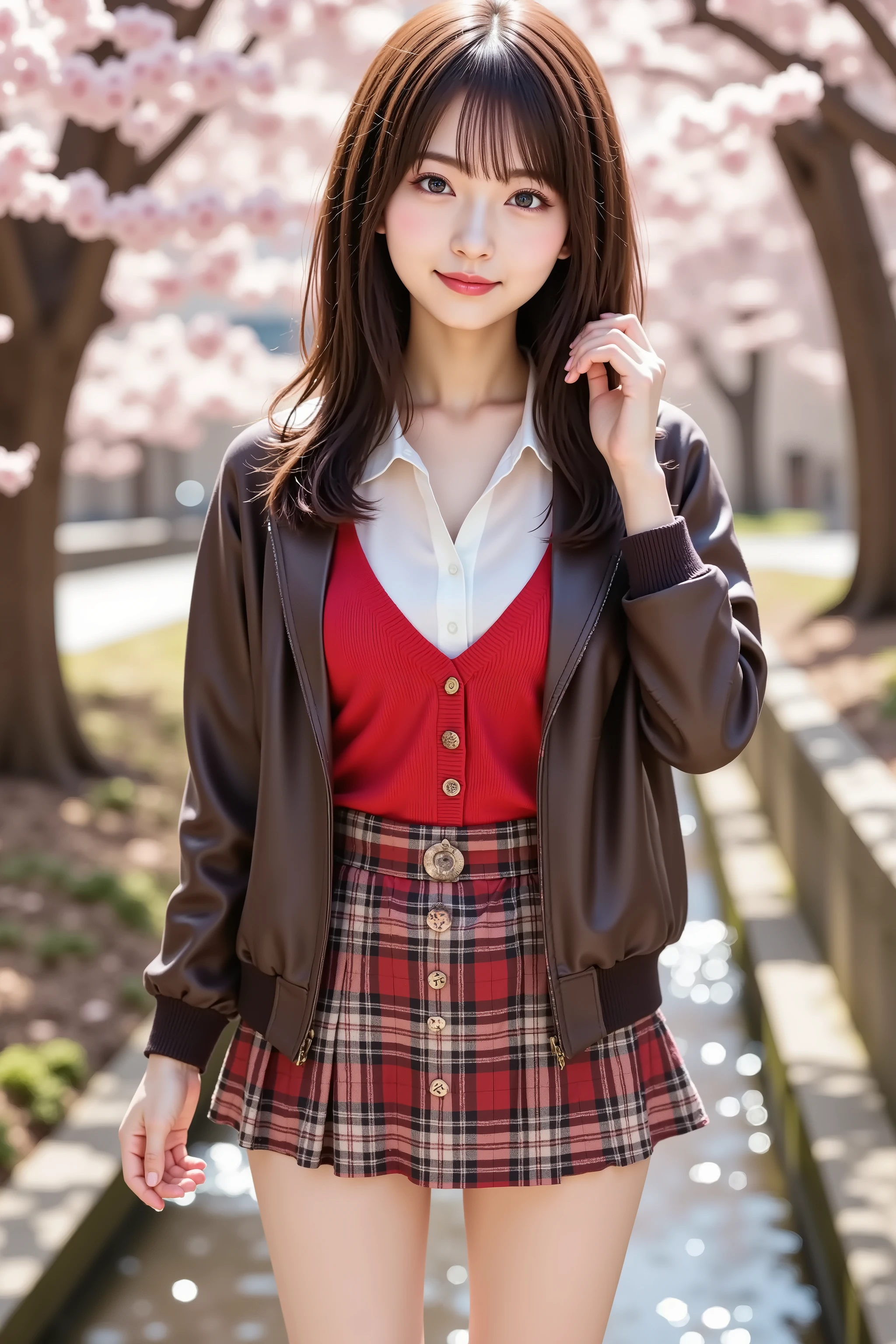 misaki, firm breasts, ultra-high-resolution 8K CG illustration of a Japanese anime-style girl portrayed in a portrait composition. She stands beside a gently flowing river lined with cherry blossom trees in full bloom, petals floating in the air and scattered across the water’s surface. Her full figure is centered perfectly in the frame, with her head fully visible and entirely contained within the image boundaries, avoiding any cropping. She is framed symmetrically both vertically and horizontally. She has a warm, natural complexion with soft blush on her cheeks, large expressive brown eyes, and long, wavy chestnut hair cascading down past her shoulders with a slight breeze catching the ends. Her expression is calm and slightly smiling, conveying a gentle and peaceful presence. She wears a layered outfit that matches the season—featuring a red knit sweater with a V-neckline over a white inner blouse, tucked into a high-waisted plaid pleated skirt in tones of pink, red, and brown. Over the sweater, she wears a dark brown leather jacket that adds contrast and texture to the outfit. The jacket’s sleeves are slightly creased, adding a realistic touch. Her legs are bare, and her stance is relaxed and casual, one hand holding a strand of her hair while the other rests by her side. The sunlight filters softly through the cherry blossoms, casting dappled shadows on her outfit and the stone walkway beneath her. The atmosphere is warm and serene, capturing a spring afternoon filled with light, wind, and floral motion. The entire illustration is rendered in high-quality anime-style CG, with realistic shading, detailed textures, and vibrant, seasonal colors that emphasize the character’s fashion and the scenic beauty of the cherry blossom setting.
