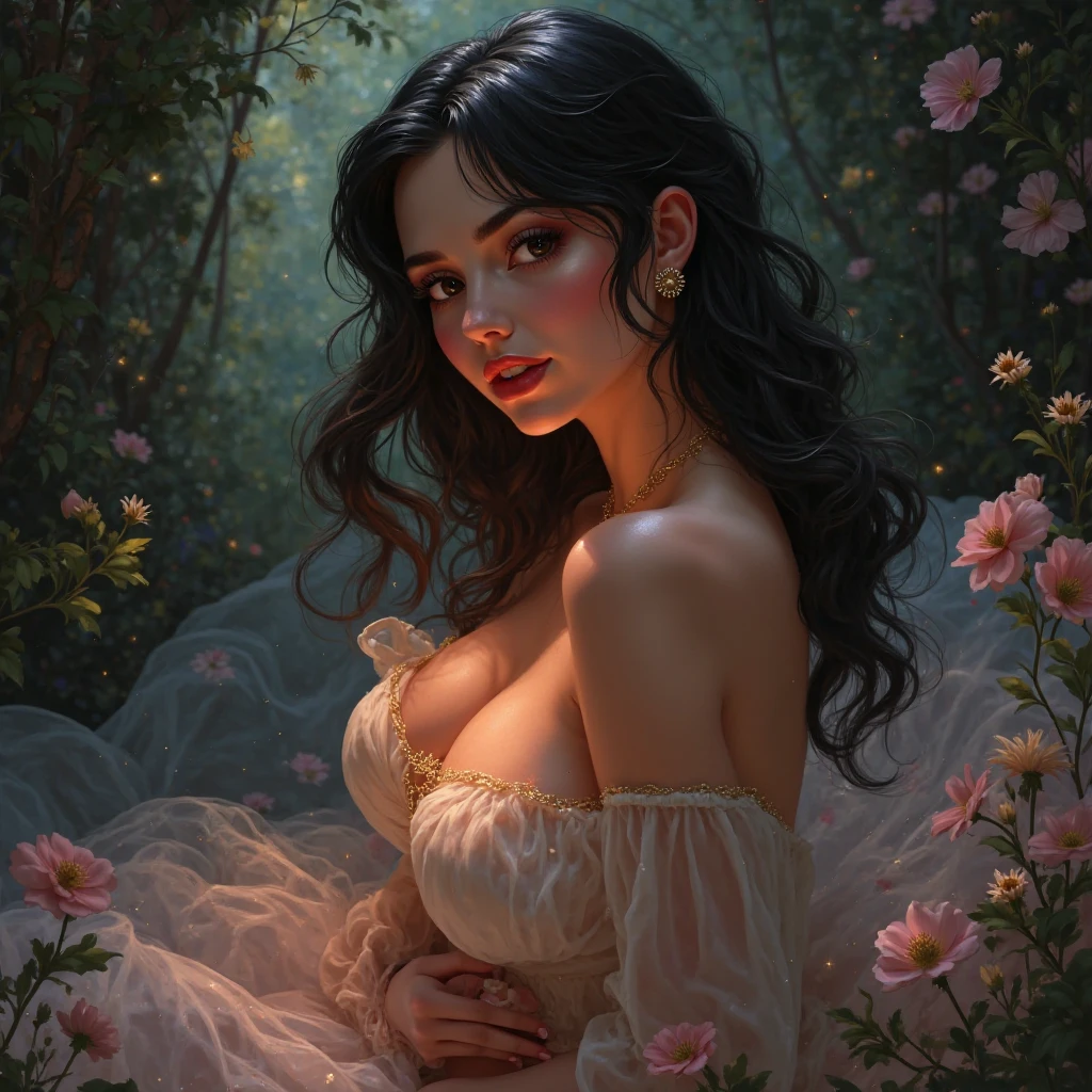 (highres, realistic:1.37), beautiful detailed eyes, beautiful detailed lips, longeyelashes, curvy figure, busty, slim waist, confident smile, elegant pose, vibrant colors, regency era, by norman lindsay, bokeh, oil painting style, soft lighting, romantic setting, blooming flowers, diaphanous flowing dress, graceful movement, delicate features, alluring gaze, sexually alluring,