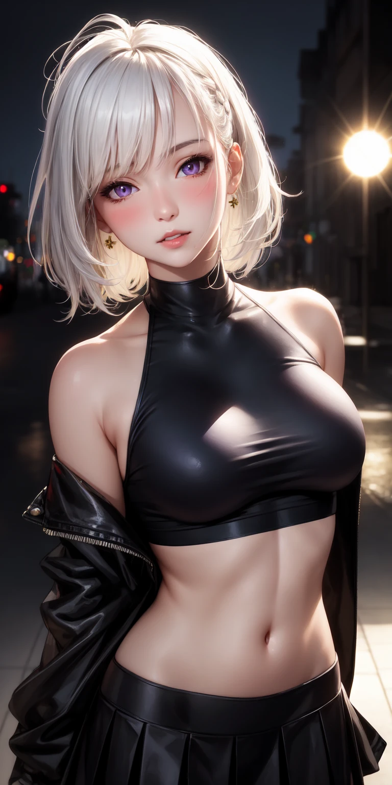 sfw, ((lying back on bed top view)),  (masterpiece:1.3), (8k, photorealistic, RAW photo, best quality: 1.4), (1girl), beautiful face, (realistic face), (black hair, short hair:1.3), Nice hairstyle，Realistic Eyes，Nice detail eyes，（Realistic Skin），Beautiful Skin，Ridiculous，attractive，Ultra high Resolution，an ultra realistic，RAWExtremely detailed，golden proportions，Full body photo, Woman wearing business outfit, formal blazer, white blouse, beautiful, masterpiece, best quality, perfect lighting, (white hair:1.4), long hair, (grey eyes:1.2), slender build, thin, medium breasts, business woman, ceo, luxurious black leather, giant modern window with view of nighttime city skyline in background, close up, wearing bra,((skinny waist)), young asian girl, ((big breasted)),