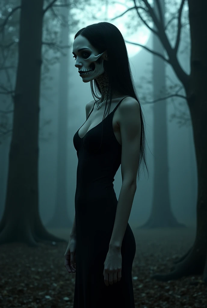 a surreal beautiful woman with a detailed skull face, long black hair, piercing eyes, delicate facial features, elegant neck, wearing a black dress, Sexy curvy hourglass body. Her breasts protrude from her cleavage. standing in a mystical forest with glowing fireflies, cinematic lighting, dark moody colors, highly detailed, digital painting, concept art, photorealistic.