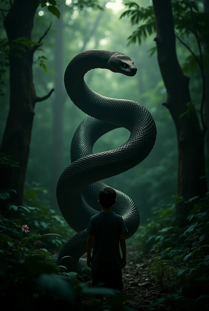 A scared boy talking to a thin snake coiled around a horizontal wire fence.