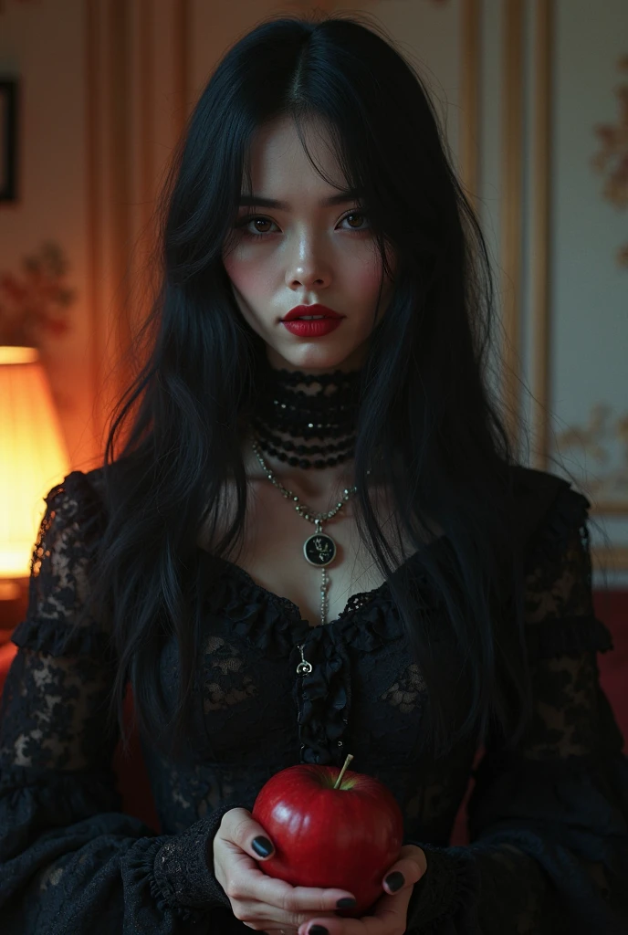 a cute Yuna in cosplay as Morticia Adams, beautiful detailed eyes, beautiful detailed lips, extremely detailed eyes and face, long eyelashes, slinky black dress, deep v down middle, deep thigh slits, sultry pose, holding a black rose, 8k, best quality, high resolution, masterpiece, ultra-detailed, realistic, photorealistic, HDR, studio lighting, extreme detail description, vivid colors, dark gothic, chiaroscuro lighting, moody atmosphere, dramatic lighting
