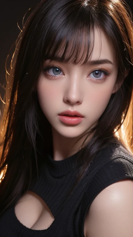 masterpiece, Highest quality, Very detailedな, To the camera, 複雑に詳細なVery detailedな, Realistic, Sharp features, Very detailed, Sharp focus, Perfect Face, Perfect Face, Perfect symmetry and perfect eyes, Perfect Plump Lips, Flexible female form, Cinematic, Film Light, Very detailedな, hyper Realistic, masterpiece, Atmospheric, High resolution, Vibrant, Dynamic Studio Lighting, ((Dark Background)), The expression of a girl crying when she receives pleasure, Straight bangs, blue eyes,Black sweater,I can see her cleavage、whole body