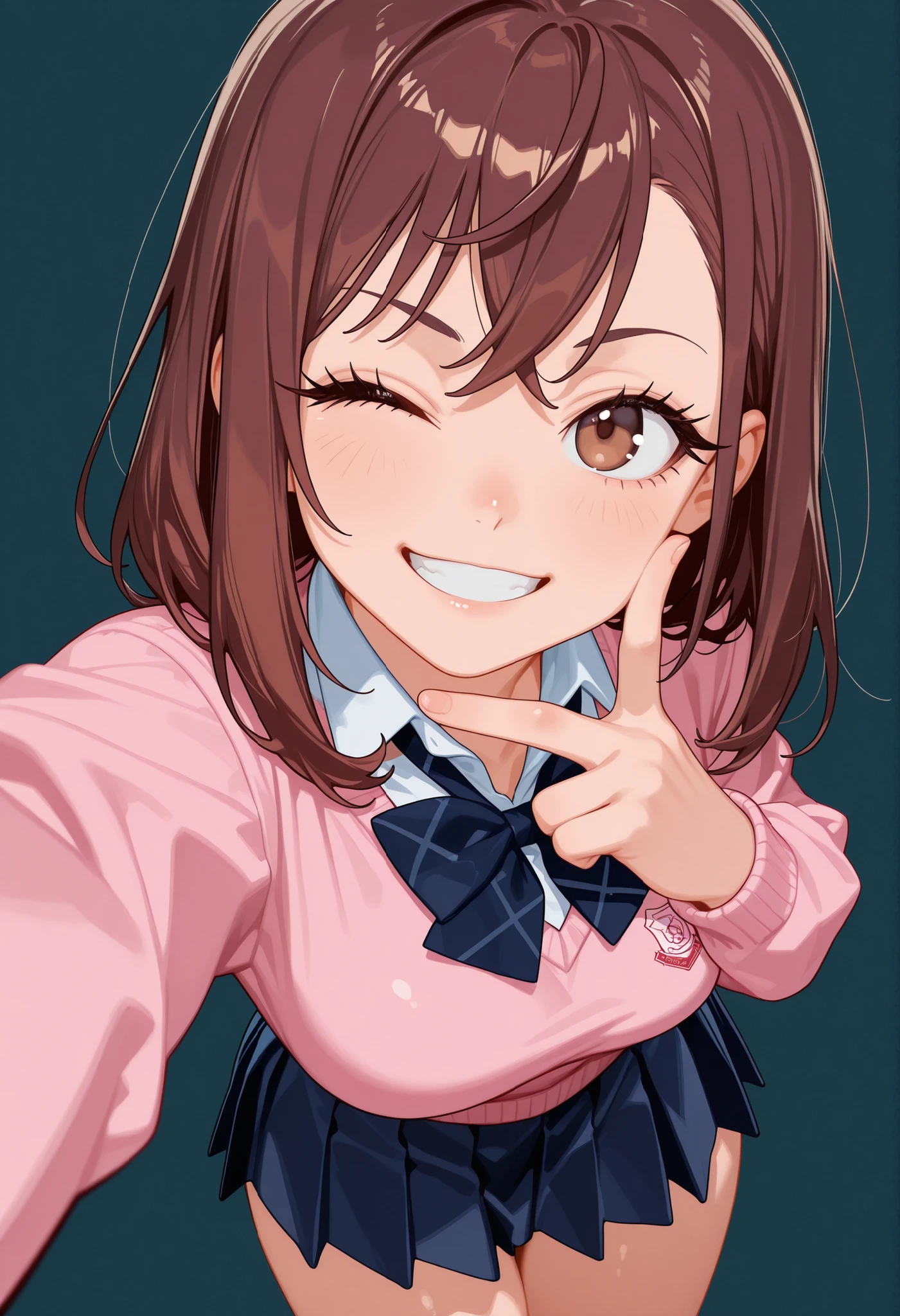 score_9, score_8_up, score_7_up, 18 year old, 1girl, solo, long eyelashes, dandandan, ayase momo, brown hair, brown eyes, medium length hair, medium breasts, thin, nice thighs, school uniform, pink sweater, dark blue skirt, standing, sexy pose, cute smile, simple background, close up, selfie, face focus, close up on face, winking, on eye closed, grin
