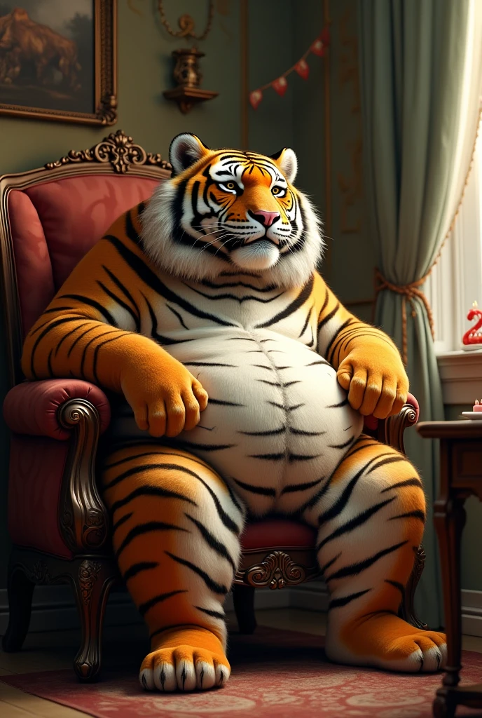 [[best quallity]] An Anthro furry tiger, he is very very obese and have a really mega belly, he is relaxing in a dark brown chair and he is holding hes very gigant belly, he have an purple shirt with an bird embroidery and have a tight short
