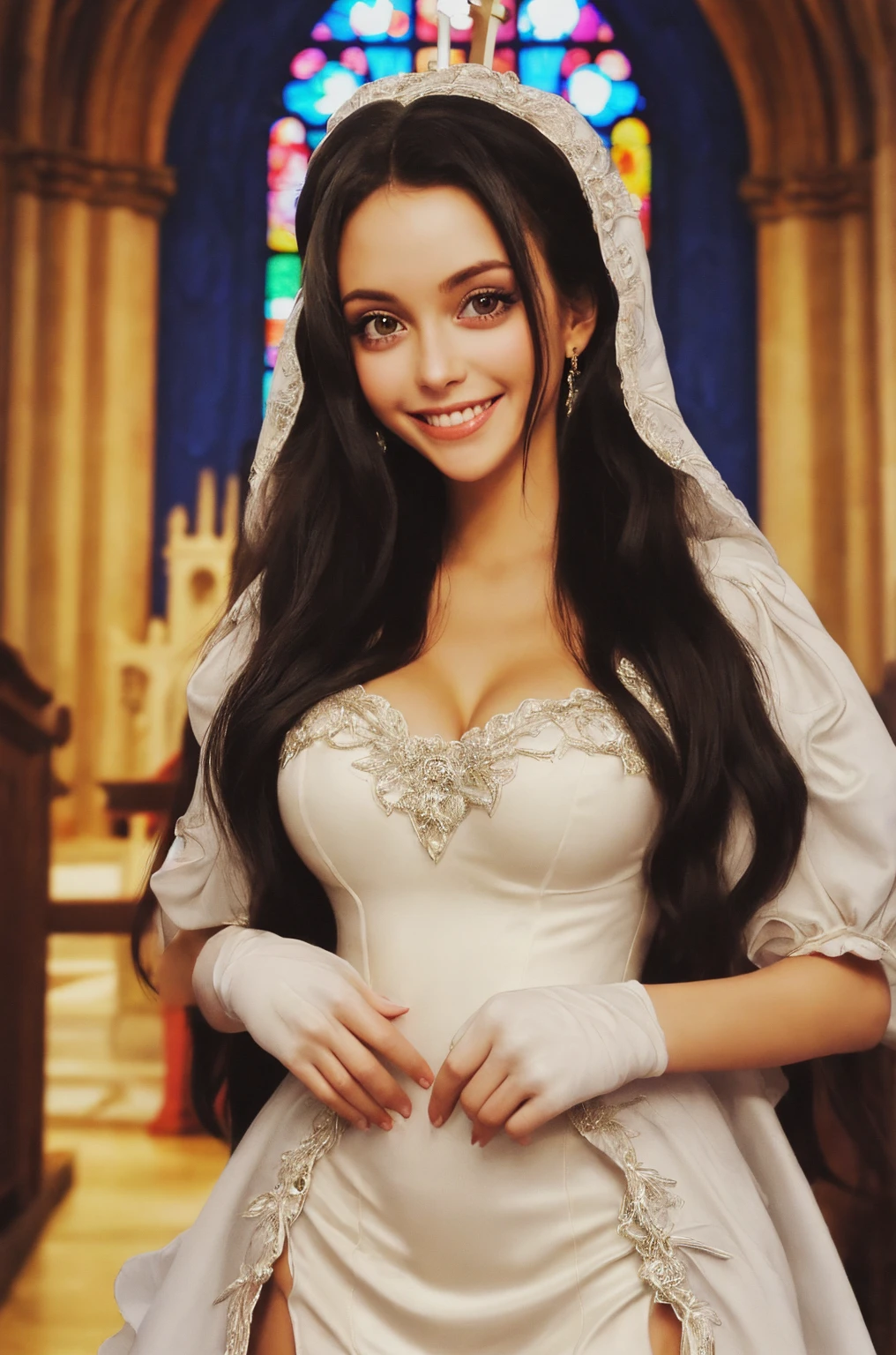 Beautiful black-haired girl with green eyes and long hair in a wedding dress in a church photo shoot 