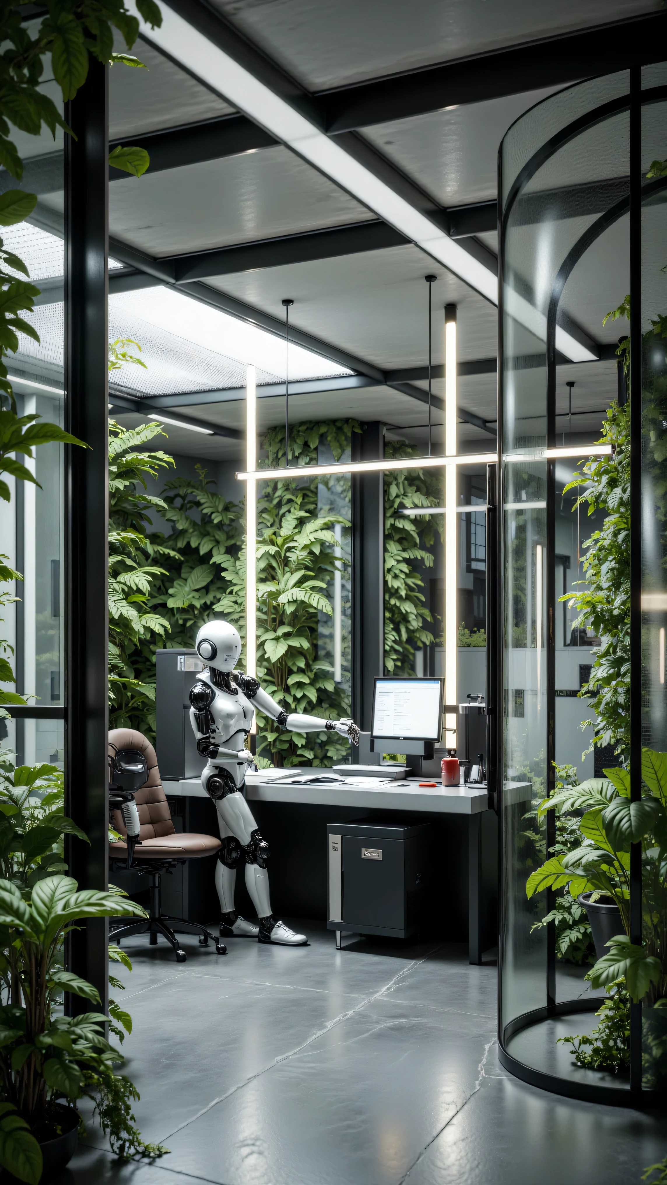 4K,8K,Studio Quality,make the environment blend with green biotanical plants, Inside robotic tech lab with humanoid AI, make the photo realistic, vibes color matched with atmosphere, Future Tech Lab Vibes,Full Furniture.
