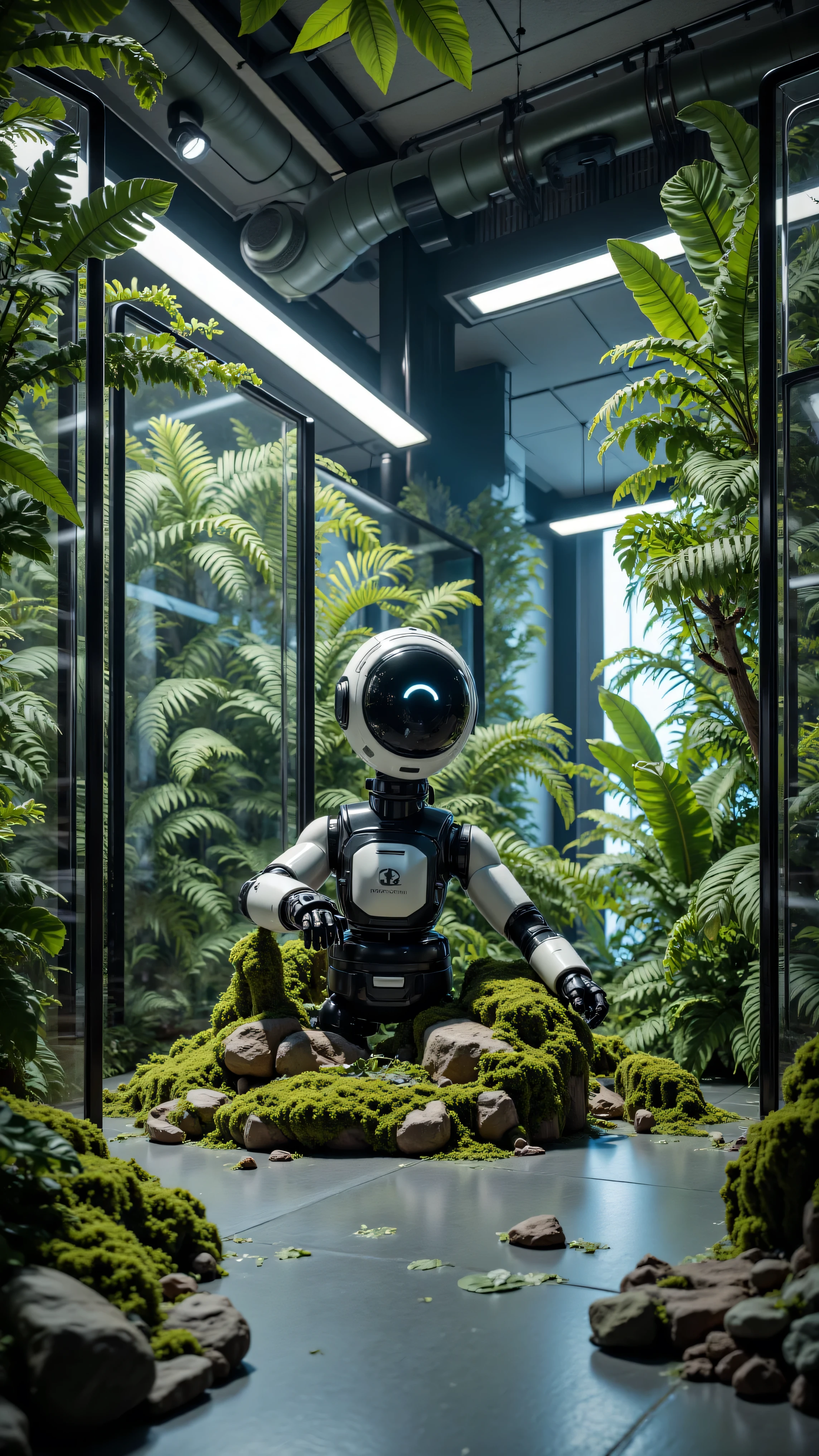 4K,8K,Studio Quality,make the environment blend with green biotanical plants, Inside robotic tech lab with humanoid AI, make the photo realistic, vibes color matched with atmosphere, Future Tech Lab Vibes,Full Furniture.