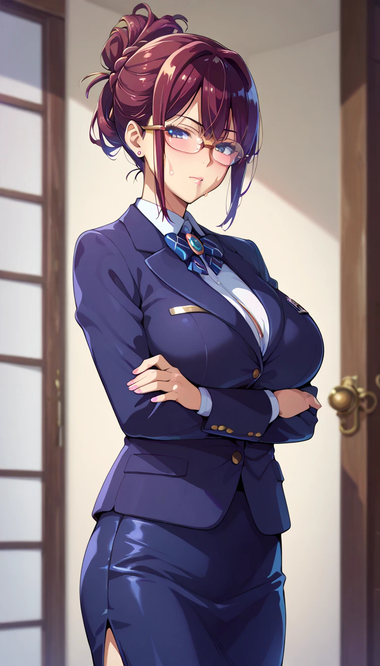 (Masterpiece), Best Quality, ultra-detailed, 1girl (jessie pokemon, Big and pretty , , purple hair, hair slicked back, very short hair,,blue eyes, spectacles), a lovely face ,facing viewer, looking at viewer,lovely smile, nose blush, blush, solo, business suits, black jacket, white shirts(buttonsecktie, black pleats skirt, ultra mini skirt, brown pantyhose, e livingroom, night time, on the sofa, sitting, crowded legs, Sexy waist teasi, from_below