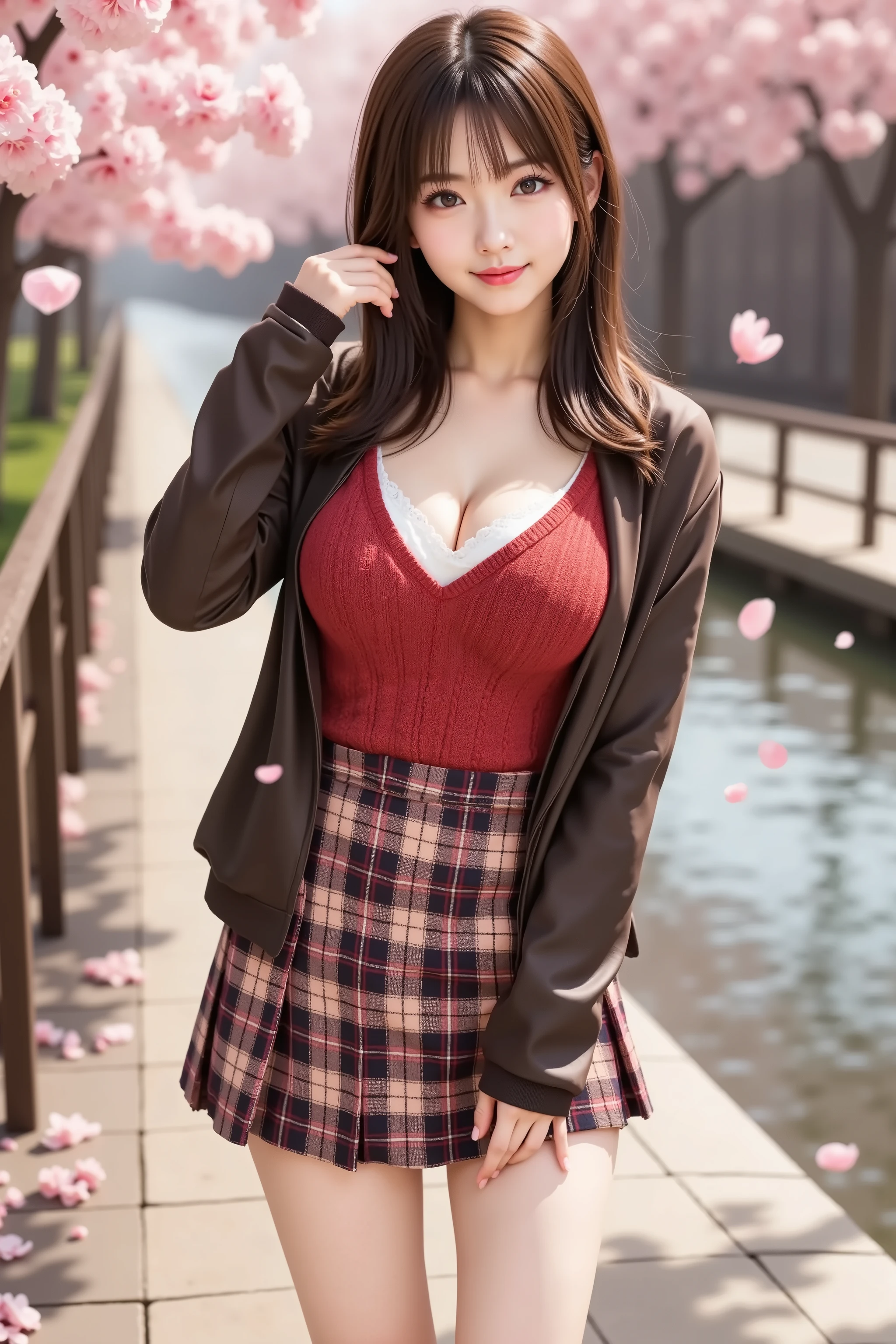 sakura, huge breast, ultra-high-resolution 8K CG illustration of a Japanese anime-style girl portrayed in a portrait composition. She stands beside a gently flowing river lined with cherry blossom trees in full bloom, petals floating in the air and scattered across the water’s surface. Her full figure is centered perfectly in the frame, with her head fully visible and entirely contained within the image boundaries, avoiding any cropping. She is framed symmetrically both vertically and horizontally. She has a warm, natural complexion with soft blush on her cheeks, large expressive brown eyes, and long, wavy chestnut hair cascading down past her shoulders with a slight breeze catching the ends. Her expression is calm and slightly smiling, conveying a gentle and peaceful presence. She wears a layered outfit that matches the season—featuring a red knit sweater with a V-neckline over a white inner blouse, tucked into a high-waisted plaid pleated skirt in tones of pink, red, and brown. Over the sweater, she wears a dark brown leather jacket that adds contrast and texture to the outfit. The jacket’s sleeves are slightly creased, adding a realistic touch. Her legs are bare, and her stance is relaxed and casual, one hand holding a strand of her hair while the other rests by her side. The sunlight filters softly through the cherry blossoms, casting dappled shadows on her outfit and the stone walkway beneath her. The atmosphere is warm and serene, capturing a spring afternoon filled with light, wind, and floral motion. The entire illustration is rendered in high-quality anime-style CG, with realistic shading, detailed textures, and vibrant, seasonal colors that emphasize the character’s fashion and the scenic beauty of the cherry blossom setting.
