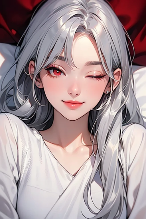 sexy, Gray-haired head, red eyes, (wet body: 1.2), Pajamas, beautiful, female, laugh, beautiful 다리, very detailed face, big bust, sex