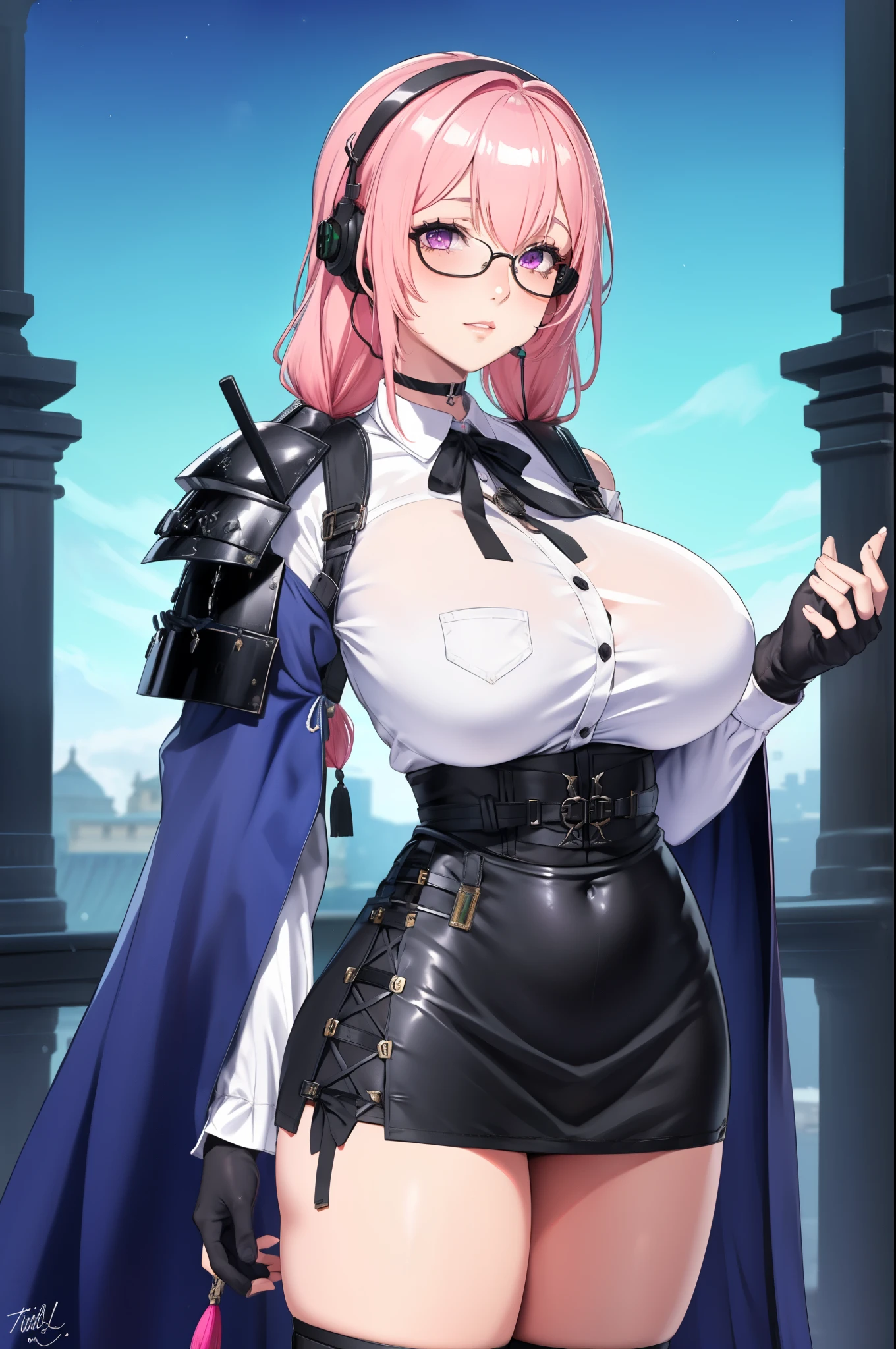 bright clothes, A girl, (Yanagi Tsukishiro ), Alone, Standing, front view, looking at the spectator , Long pink braided hair, beautiful eyes , detailed eyes , purple eye shirt, huge breasts, sensual lips, ((simple shoulder strap with samurai armor)) , ((right ear earpiece)), harness, glasses, choker :1.6, black gloves, ((high-waisted shiny black miniskirt)), ((White shirt with collar)), (black chest strap), (dark green neck strap), shy expression , , biblioteca antigua Gothic style, Gothic style, at night