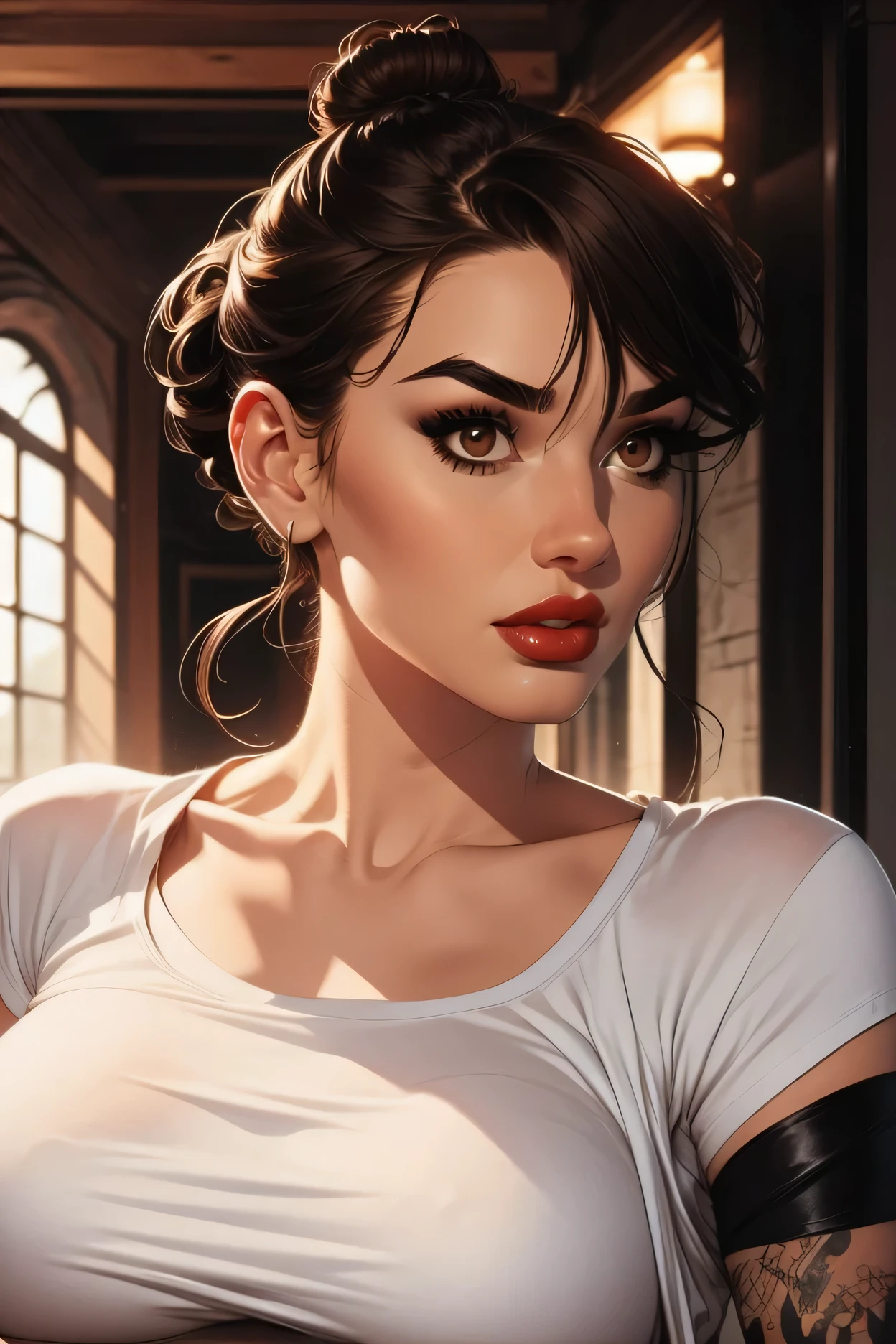 realistic, black bun hair kont top, black eyebrows, brown eyes, red thick lips, perfect face, (large breasts), (white t-shirt)