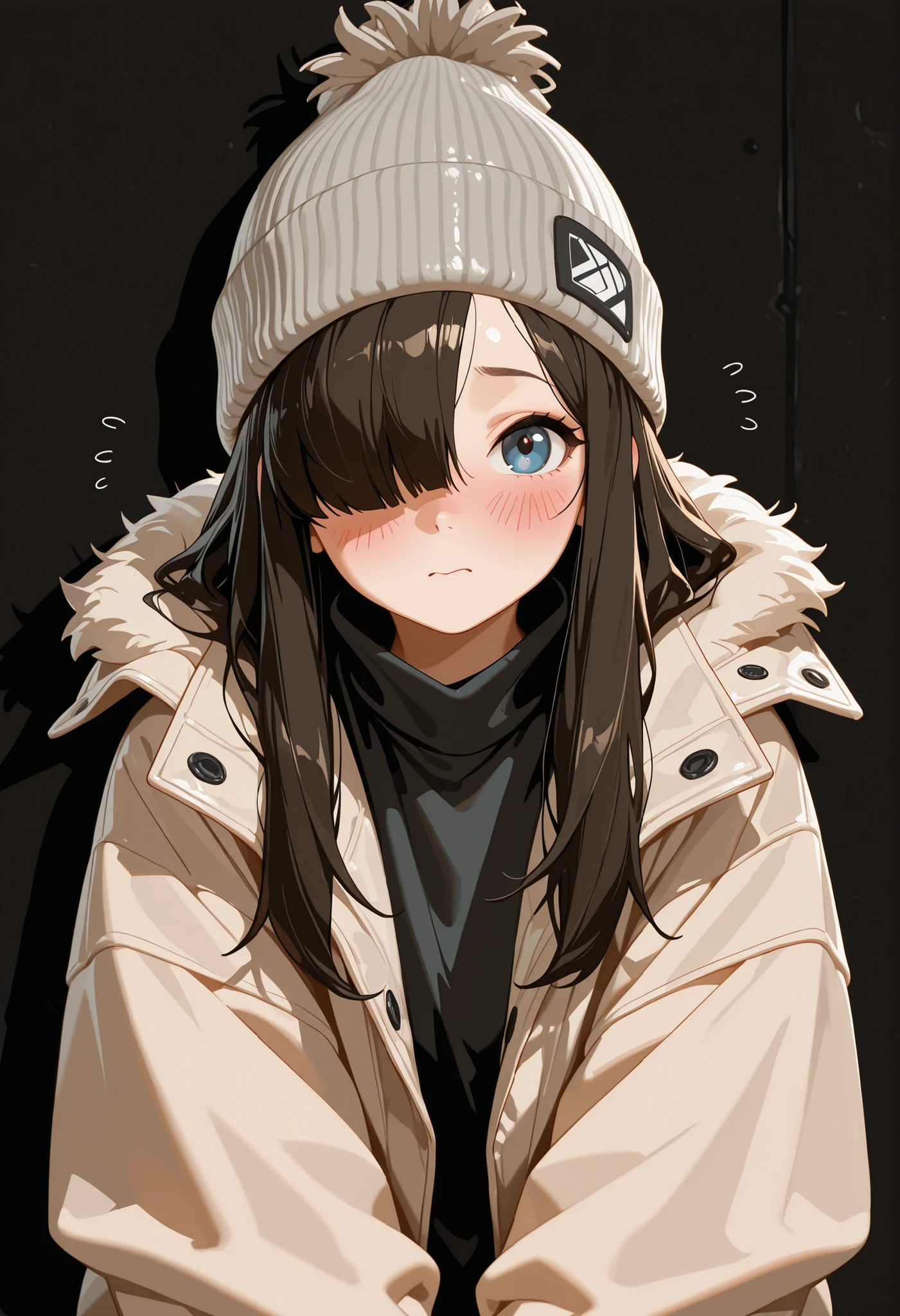 masterpiece, best quality, 32k, high resolution, absurdres, may zedong, 1girl, beanie, solo, one eye covered, jacket, blush